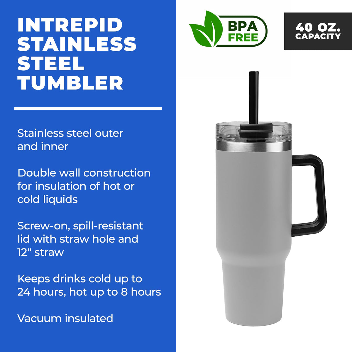 Gifts by Design 10 Ct of 40 Oz Intrepid Stainless Steel Tumbler with Lid, Straw & Handle – Gray – Customizable Insulated Cups for Water, Coffee, Hot & Iced Drinks – Great for DIY, Events, Work