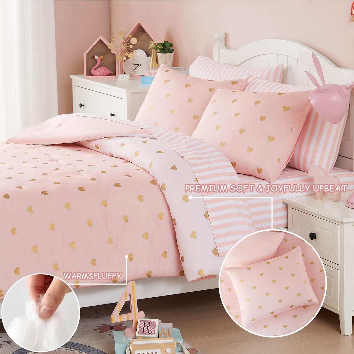 Wink Deer Twin Comforter Set with Sheets for Girls-5 Pieces Twin Bedding Sets with Pink White Gradient Ombre Comforter, Sheets, Pillowcase & Sham for Kids (Gold Heart, 66" X 86")