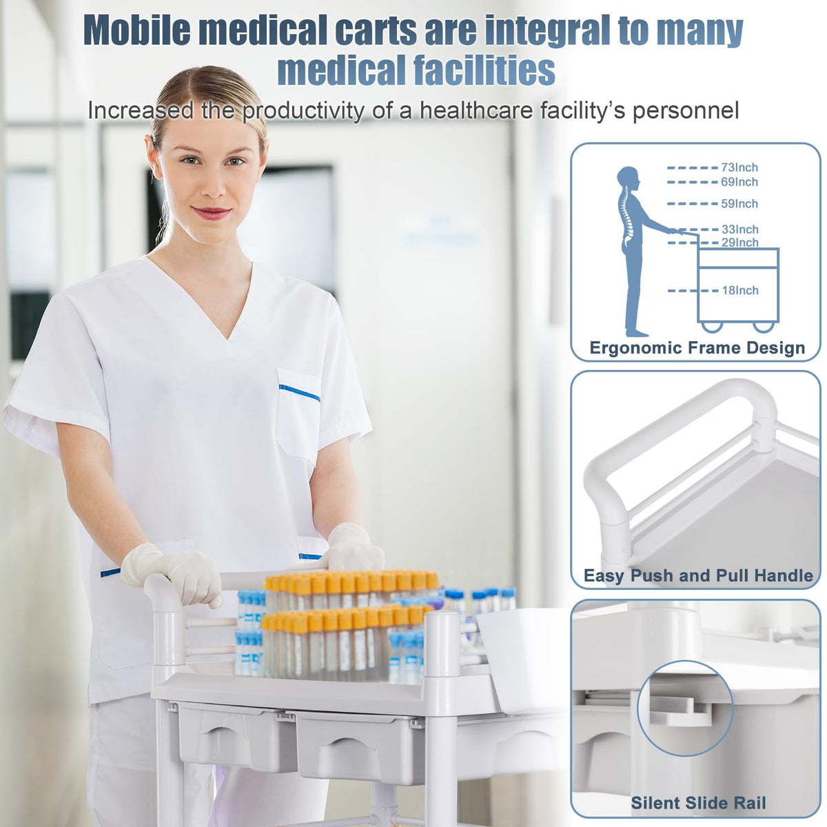 Mobile Medical Carts 3 Tier Professional Utility Cart 330 LBS Max Load Rolling Crash Cart Ultrasound Trolley with Wheels Drawers Dirt Bucket Sharps Box Storage Basket for Hospital Dental Clinic Home