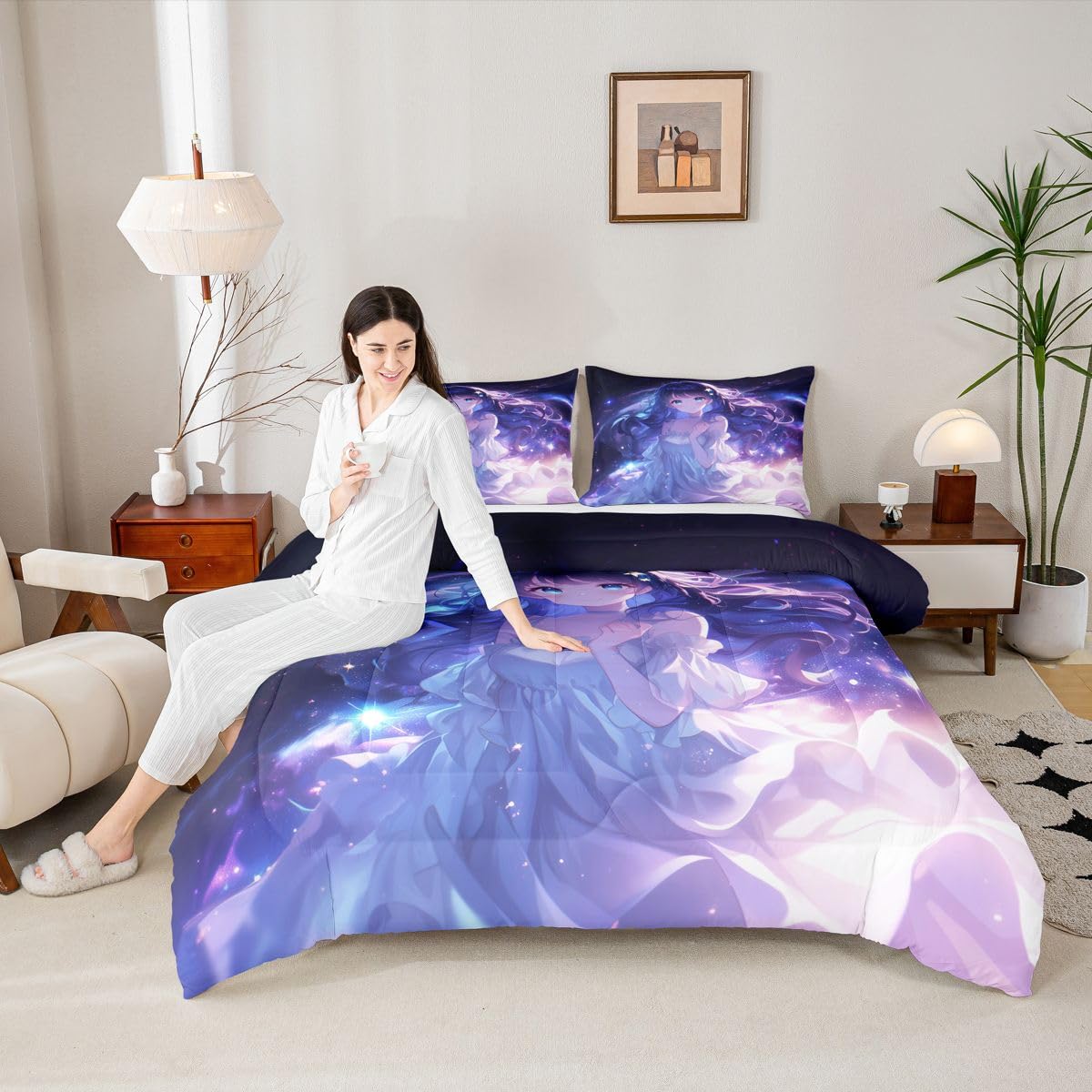 Erosebridal Anime Girls Bedding Anime Gifts Comforter Set for Kids Purple 3D Galaxy Printing Bedding Sets, Cartoon Long Curly Hair Girly Printed Comforter Kids Kawaii Japanese Girl Bed Set, Twin