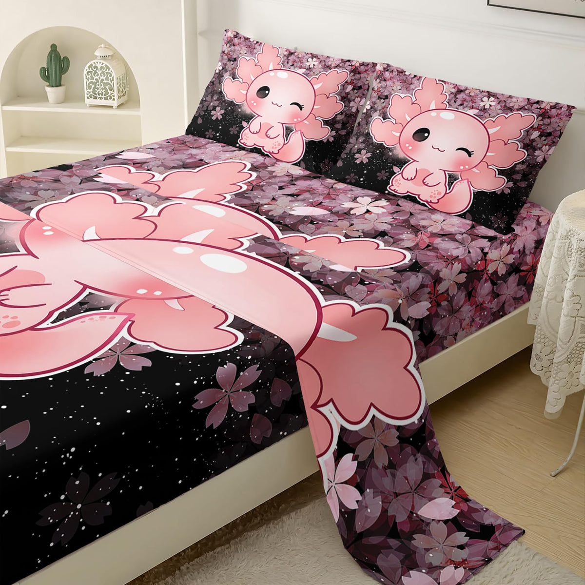 QOOMO Kawaii Axolotl Bedding for Boys and Girls Pink Cherry Blossom Super Soft Kids Bedding Set Sparkling Stars Breathable Room Decoration Twin Size 1 Fitted Sheet, 1 Flat Sheet, 2 Pillow Cases