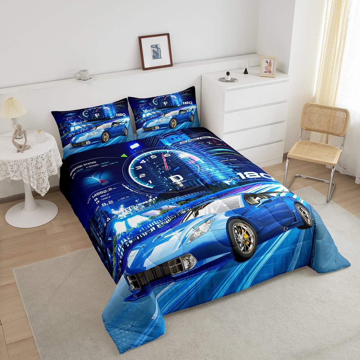 Feelyou Boys Race Car Down Duvet Cool Sports Car Comforter Set for Kids Boys Girls Extreme Sports Bedding Set Blue Automobile Car Comforter 1 Comforter Set with 2 Pillowcases Full Size
