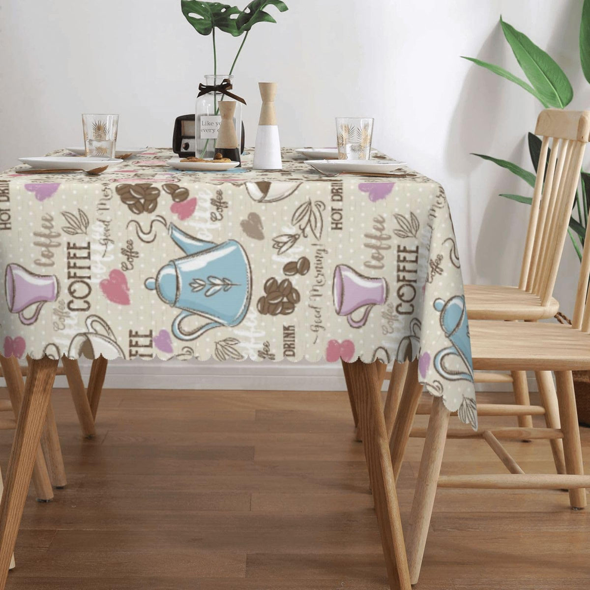 LALIMEYA Coffee Print Tablecloth Beans Polka Dot Rectangle Table Cloth Colorful Tea Cup Heart Doodles Themed Washable Table Cover with Wavy Edging Suitable for Party Dinner 54×72 Inch