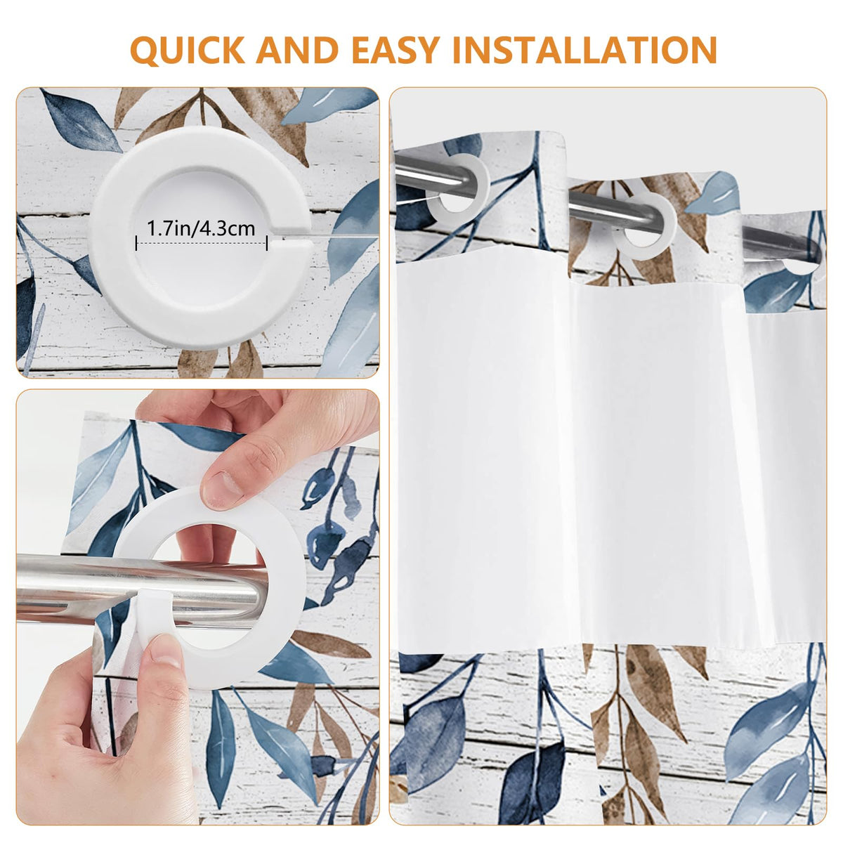 MEHOFOND No Hook Fall Pumpkin Shower Curtain with Snap in Liner,Hookless Autumn Watercolor Blue White Pumpkin Shower Curtain,Farmhouse Eucalyptus Leaves Thanksgiving Holiday Bathroom Decor 71x74 in