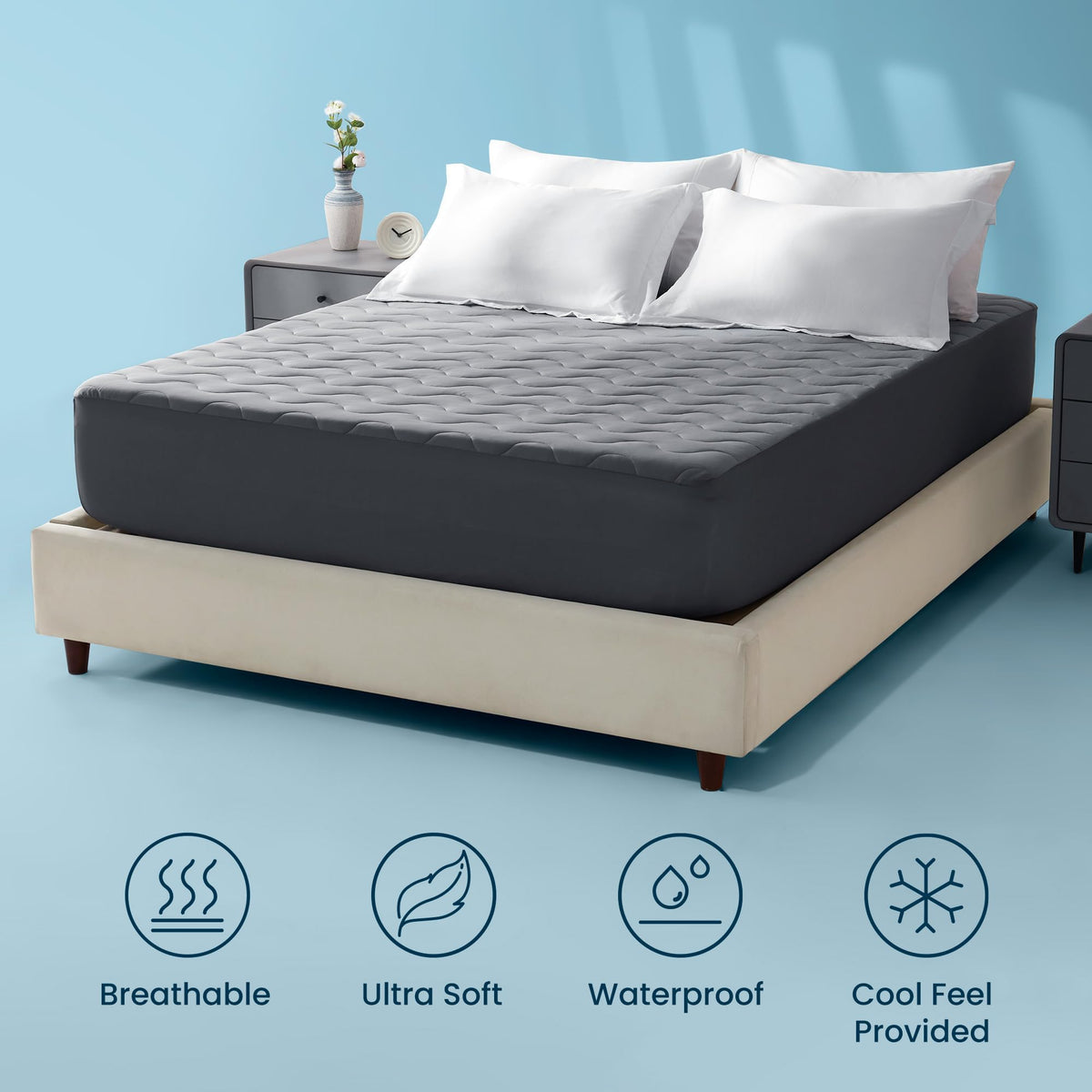 Sleep Zone Cooling Mattress Protector Full, Waterproof Bedding Pad for Hot Sleepers, Soft & Breathable Mattress Topper, Deep Pocket Mattress Cover, Hotel Quality (Dark Gray，Full)