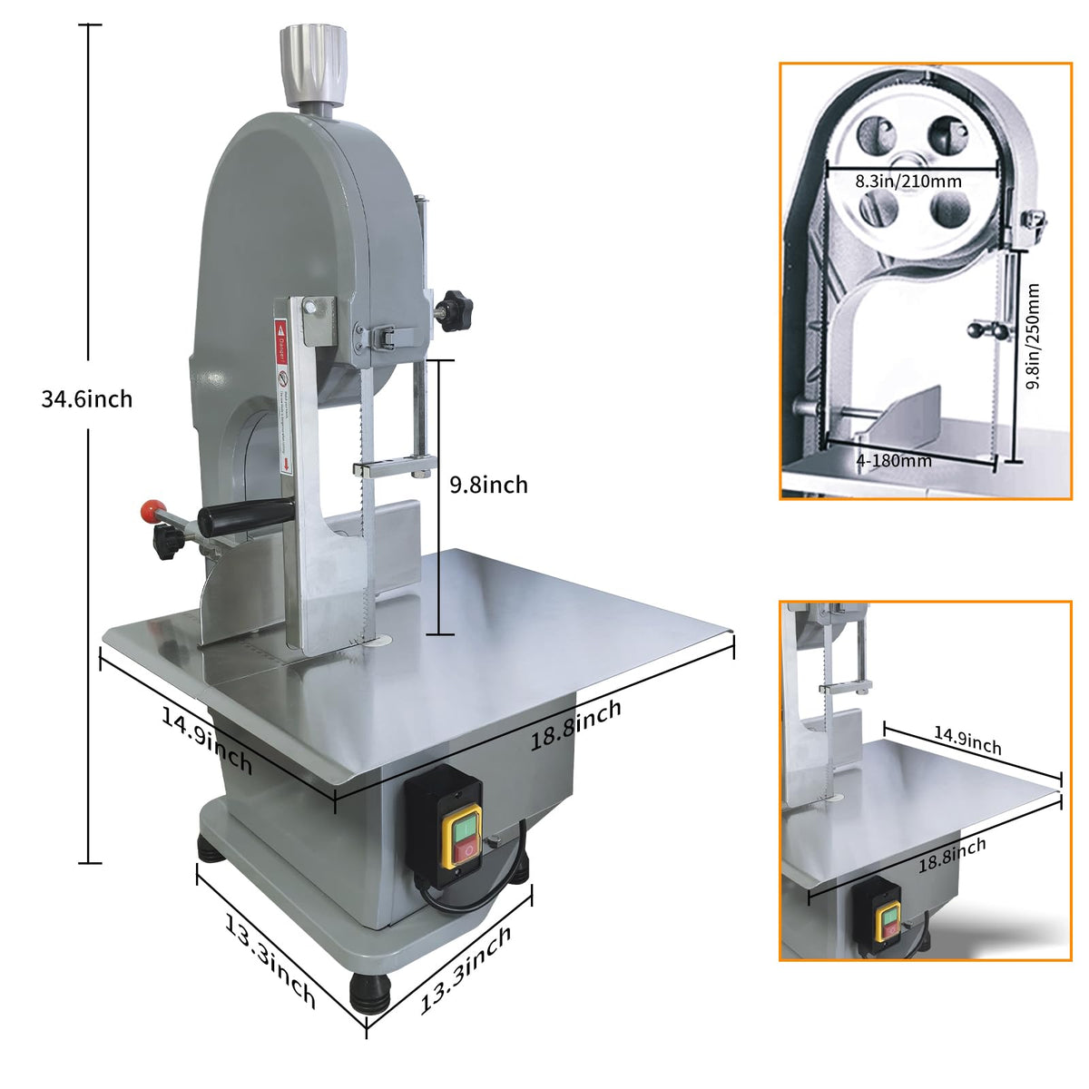 1100W Commercial Electric Meat Bandsaw 110V Electric Bone Saw Machine, Thickness Range 0.16-7.1 Inch, Table Sawing for Cutting Rib, Frozen Meat with 5 Saw Blades and 18.8" x 14.9" Workbench