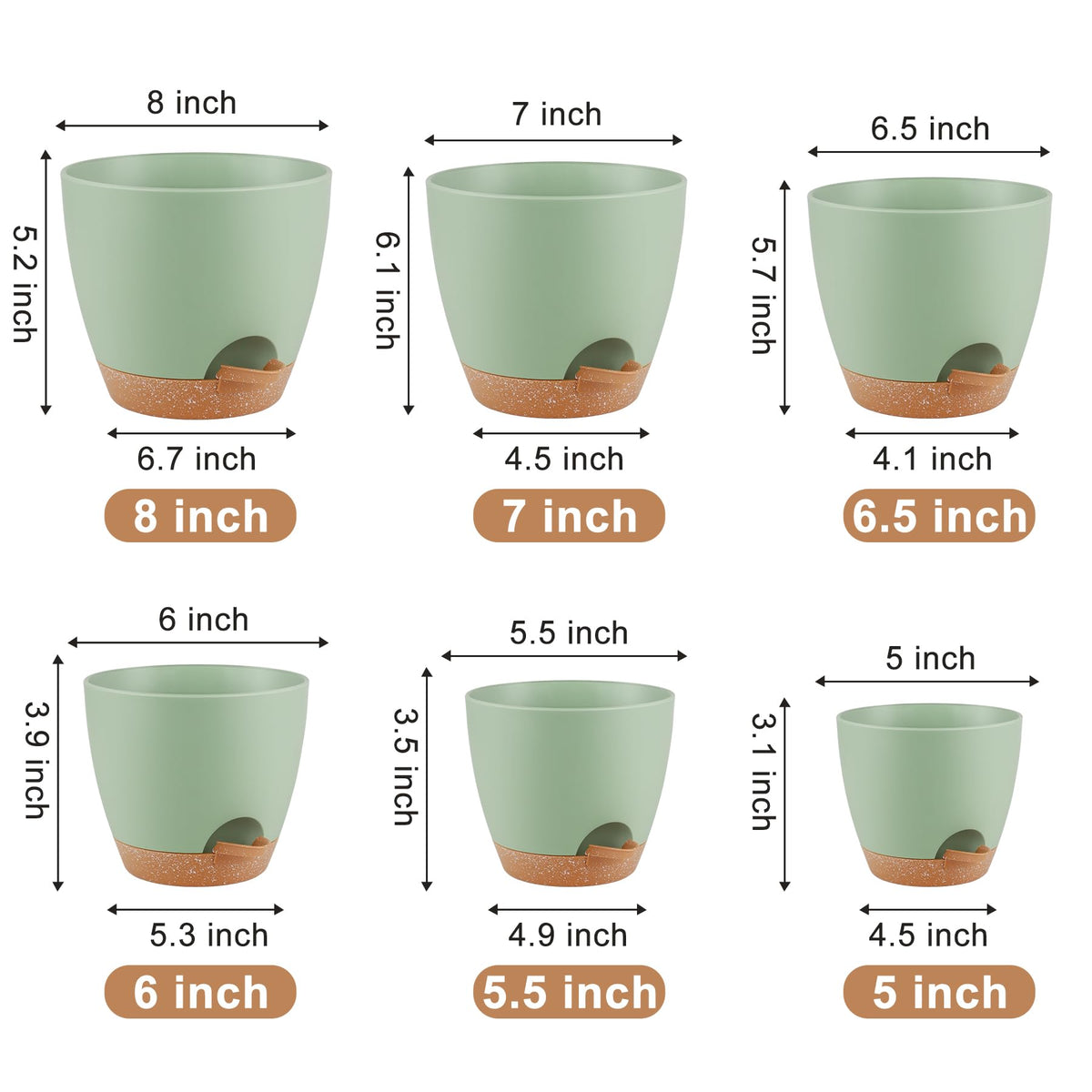QRRICA Plant Pots 8/7/6.5/6/5.5/5 Inch Self Watering Pots, Set of 6 Plastic Planters with Drainage Holes and Saucers,Plastic Flower Pots,Nursery Planting Pot for Indoor Out Door Plants（Green）