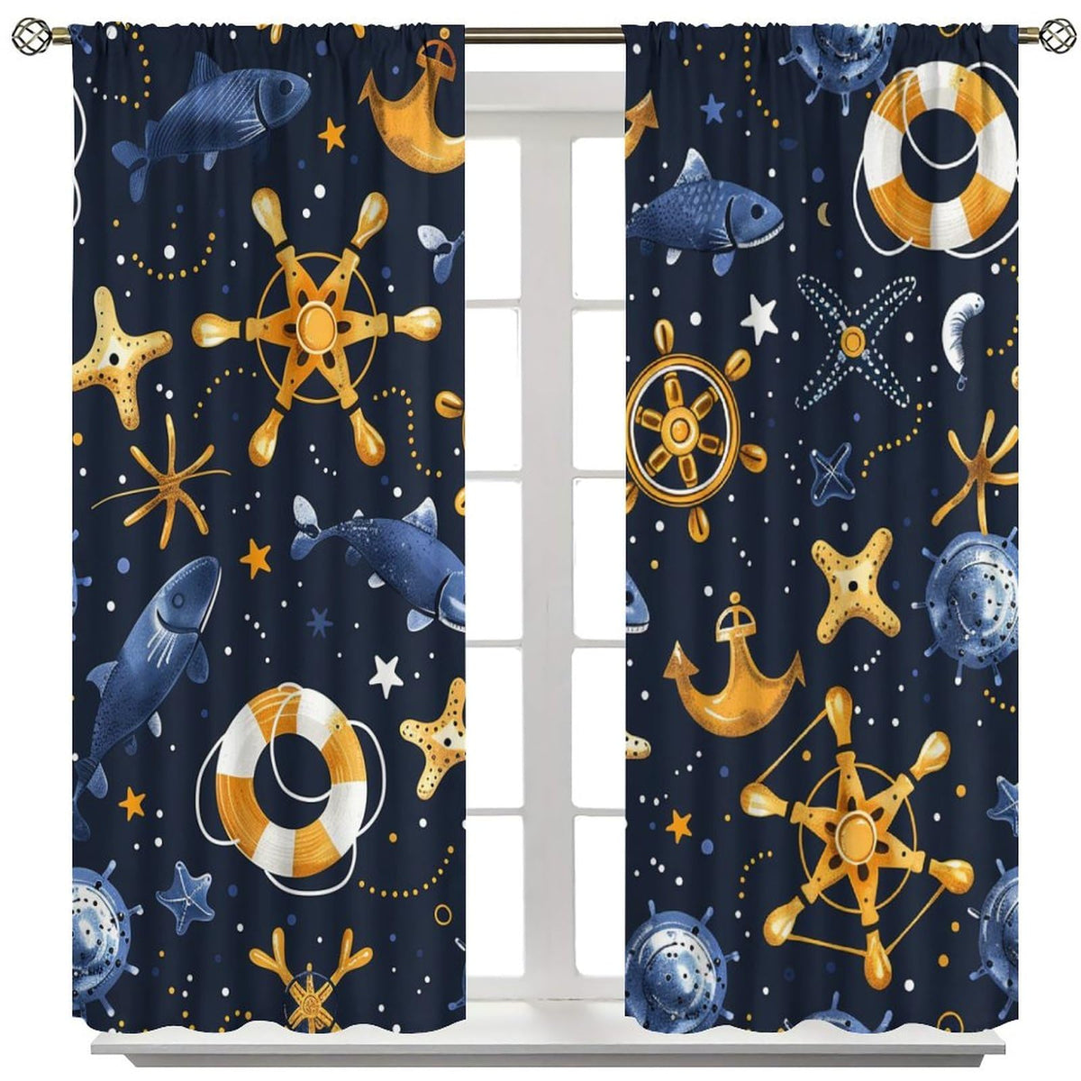 HDESDIS Fantasy Ocean Boat Anchor Blackout Curtains for Bedroom Living Room, Rod Pocket Abstract Starry Life Buoy Fish Curtains Thermal Insulated Window Drapes 2 Panels, Each 21W x 45L