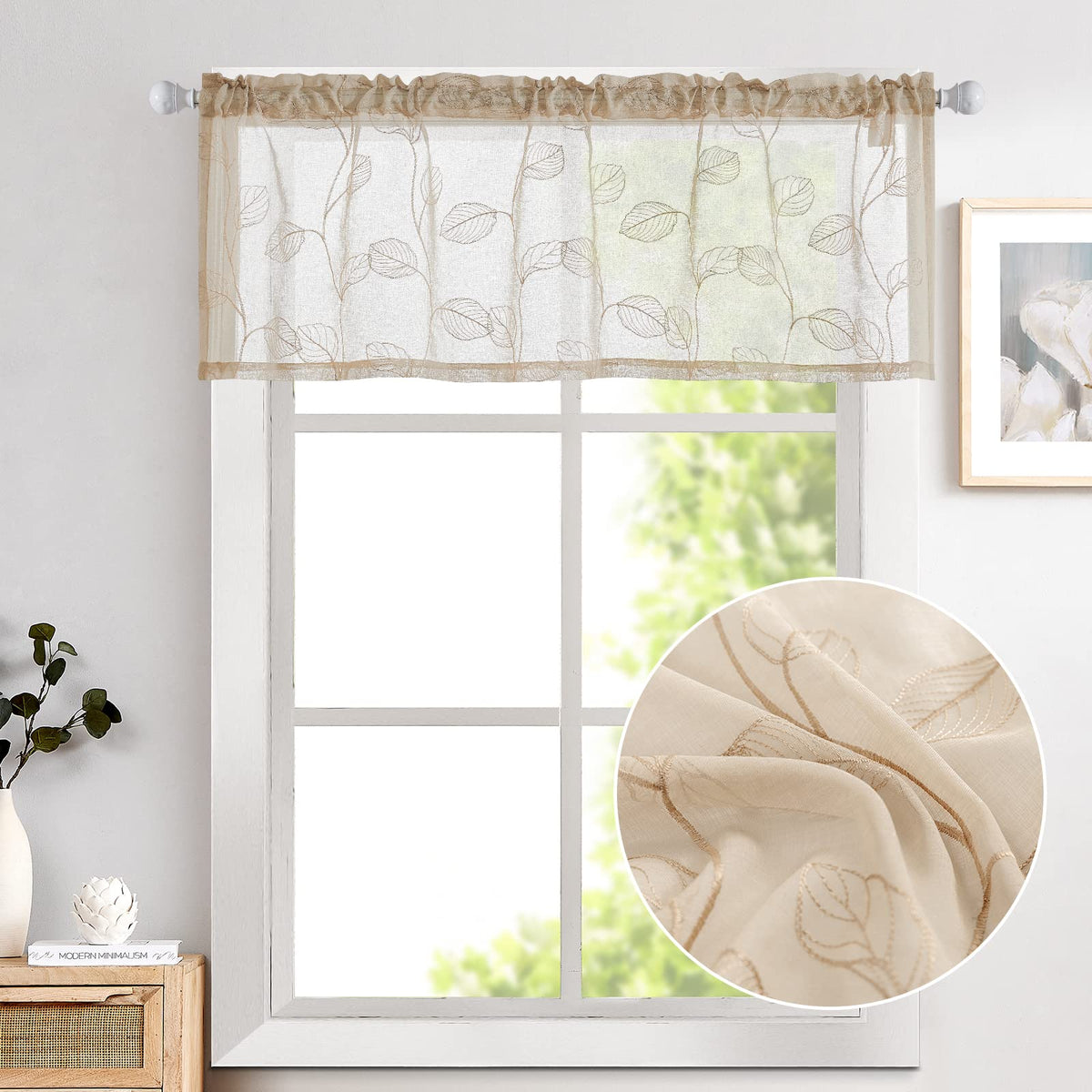 Topick Beige Sheer Leaf Curtain Kitchen Valance for Windows Leaf Embroidered Voile Small Curtain Valance Semi Sheer Farmhouse Curtain 16 Inch Rod Pocket 1 Panel Beige