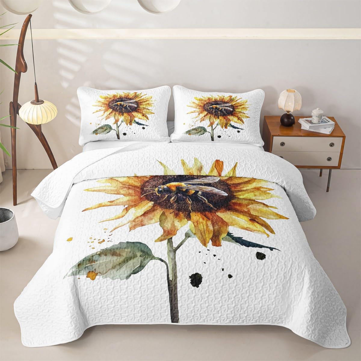 Erosebridal Sunflower Quilt Set Queen Watercolor Sunflower Bedding Coverlet Garden Fresh Style Bedspread with 2 Pillowcases All Season Girl Women Soft Bed Lightweight Comforter