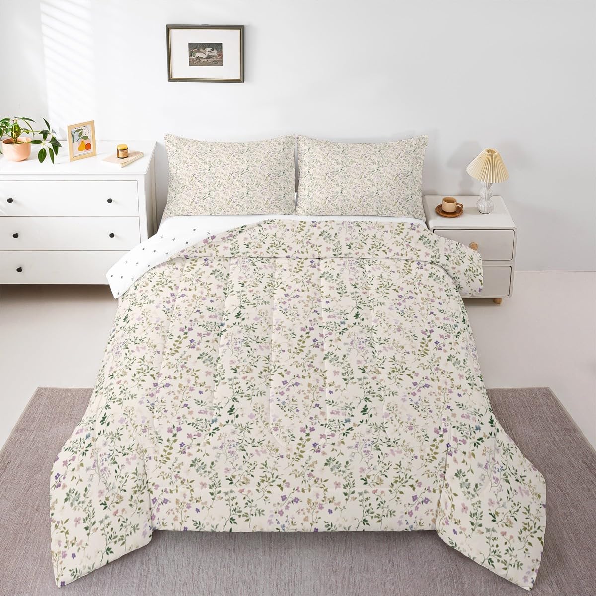 Feelyou Floral Comforter Set All Season Plant Bedding Set with 2 Pillow Cases Farmhouse Garden Microfiber Kids Full Bedclothes Cute Bedroom Decor White Beige Duvet Quilt Breathable Soft Lightweight