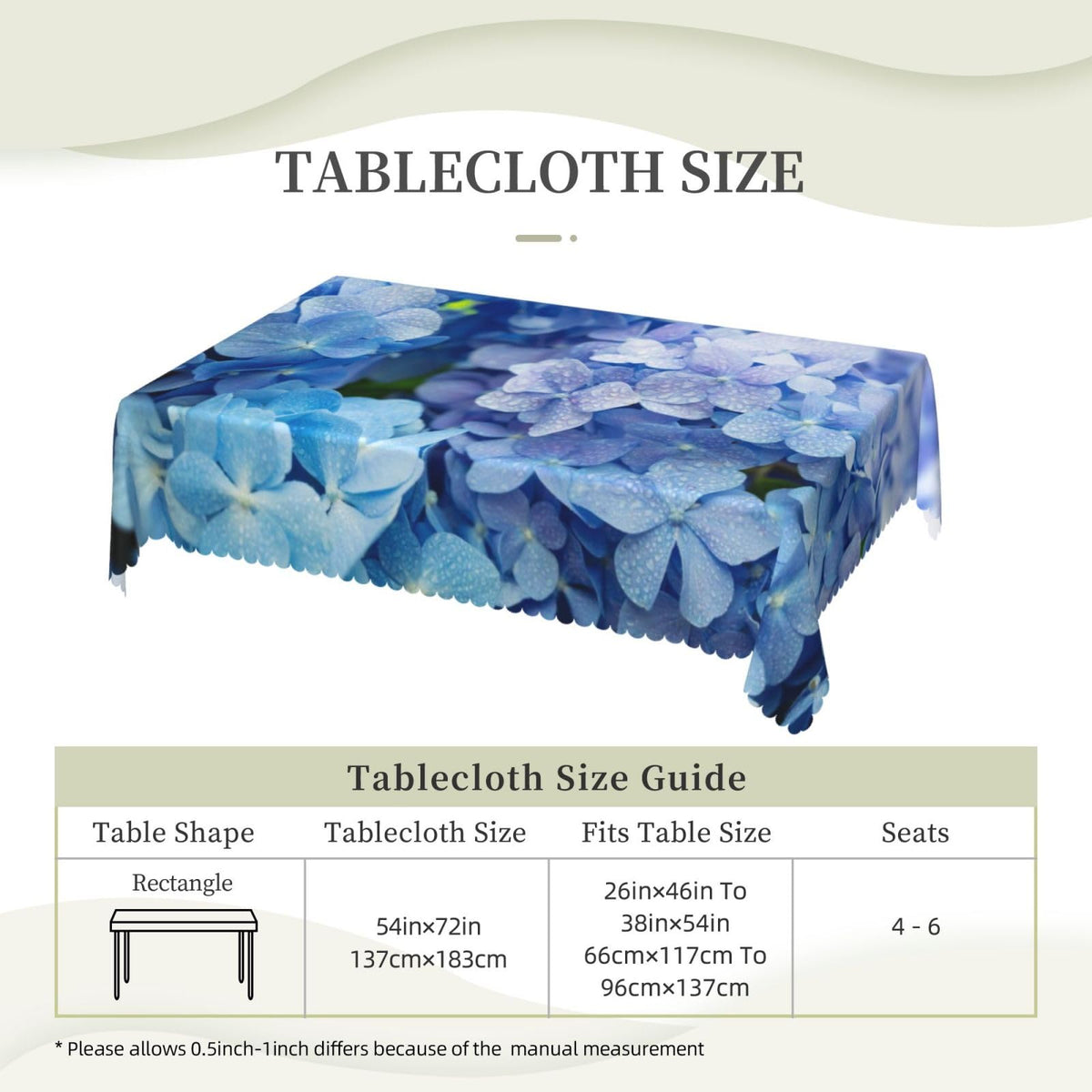 DRAVVIX Blue Hydrangea Flower Rectangular Tablecloth Floral Table Cloth with Wavy Lace Decoration Polyester Table Cover for Dining, Parties 54x72 inch