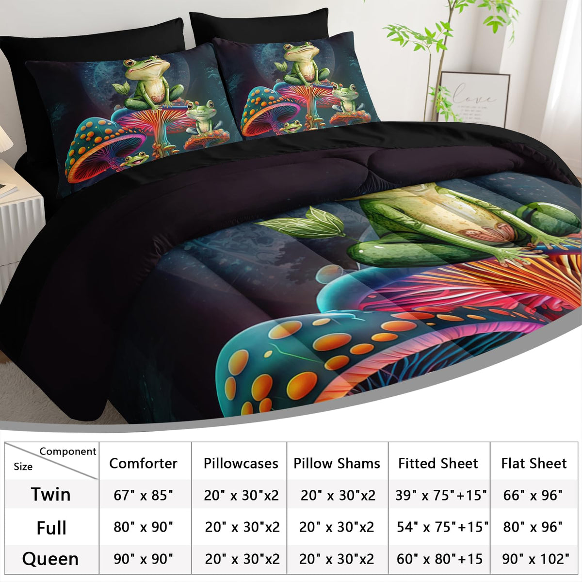 AILONEN Cartoon Frog Comforter Set Queen Size,Magic Mushroom Frog Bed in a Bag,7Pcs Soft Microfiber Black Comforter,Fitted Sheet,Flat Sheet,2 Pillowcases,2 Pillow Shams