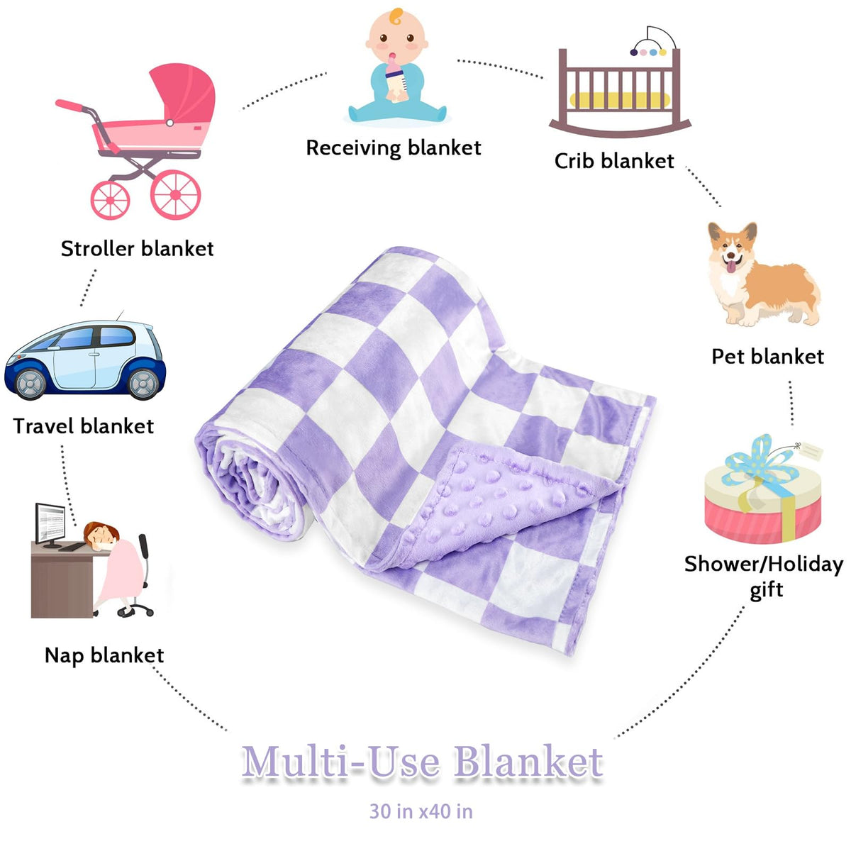 DILIMI Baby Blanket, Soft Warm Newborn Toddler Minky Plush Dot Blanket for Girl and Boy Unisex (40×30 in), Purple Checkered