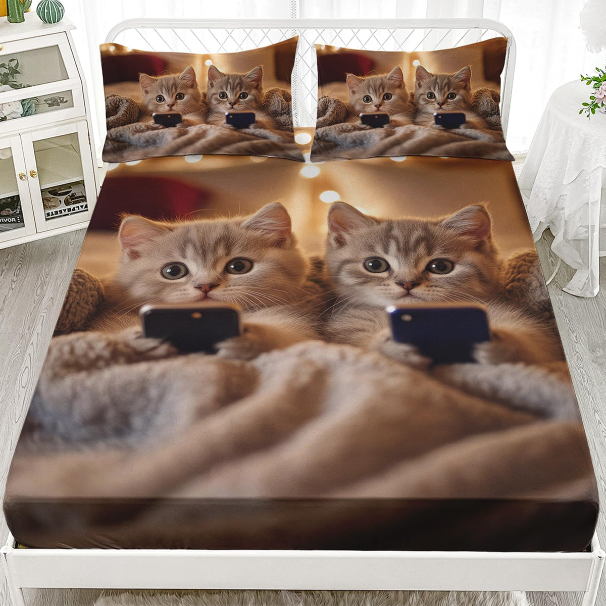 AILONEN Lovely Cat Fitted Sheet Set Queen,Pet Cats Animal Themed Deep Pocket Sheets + 2 Pillowcases,3-Piece Kawaii Kitten Printed Soft Bed Sheet Set for Kids Boys Girls
