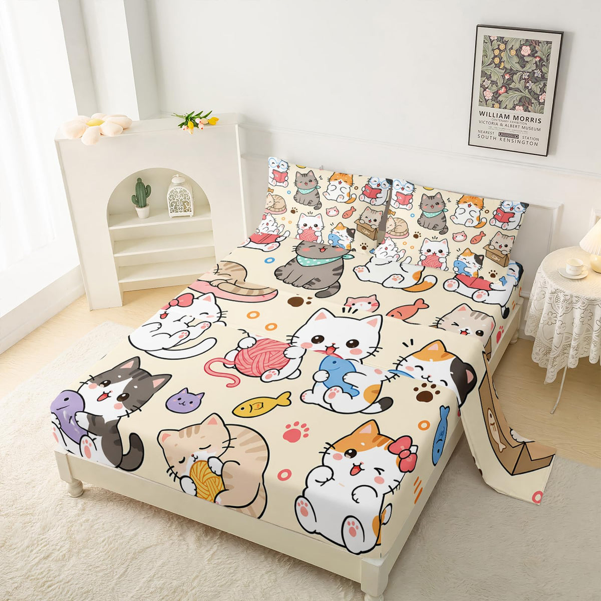 QOOMO Kawaii Kids Sheets Twin Size,Cat 16" Deep Pocket Bed Sheet Set,Cartoon Cat Printed Bedroom Decor Sheet Set Soft and Breathable for Girls/Kids/Teens，Twin