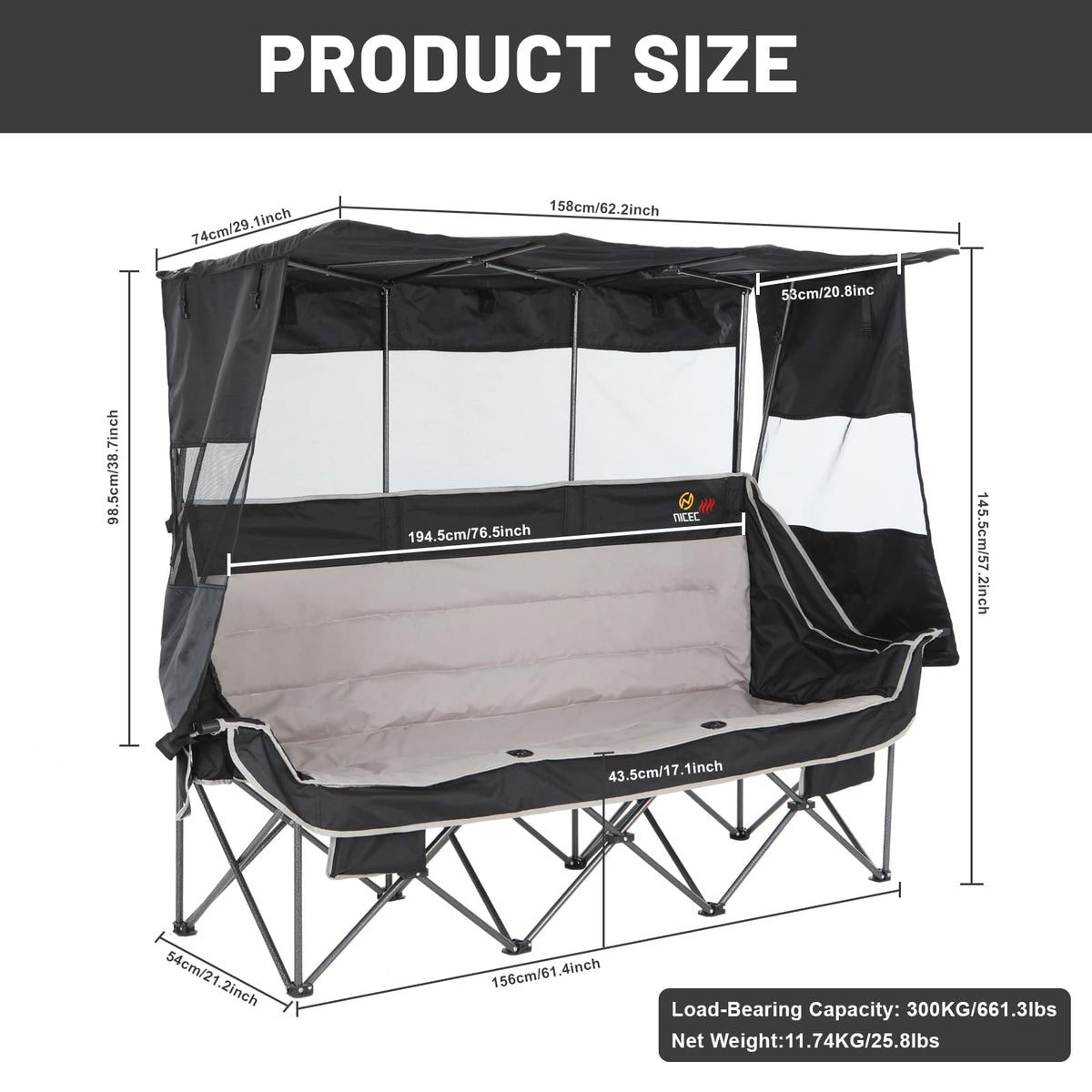 Nice C Heated 3 Seat Camping Chair with Canopy, Heated Double Folding Couch Loveseat Bench With Battery, Portable Oversized Padded Sports Umbrella Chair With Shade, Cup Holder, For Adults Outdoor Lawn