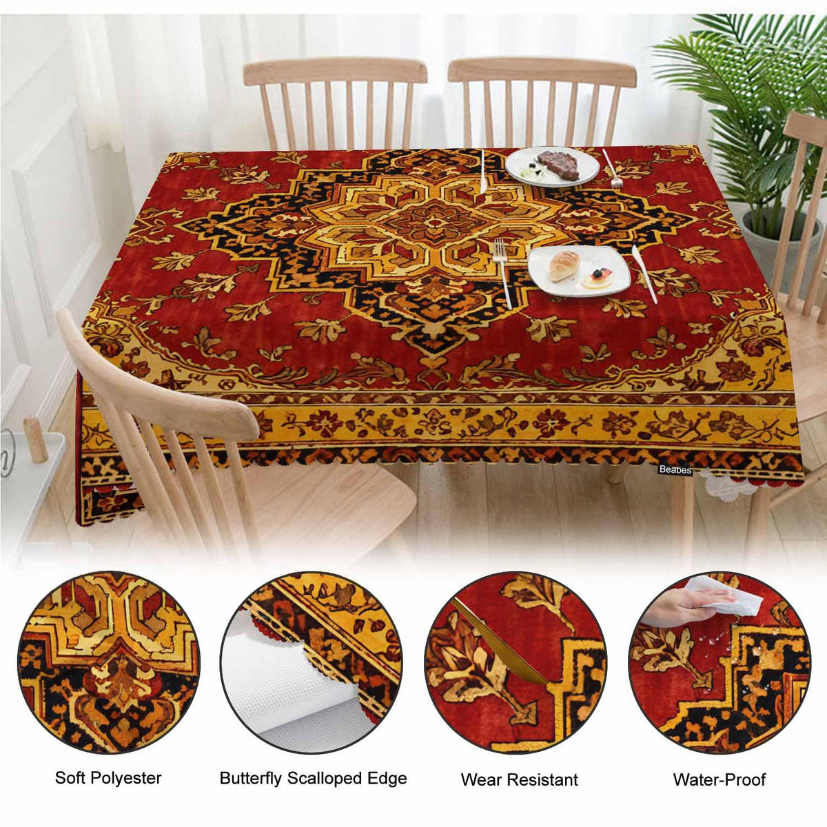 Beabes Rug Dinner Tablecloth Table Cover, Geometric Bohemian Style Carpet Rug 52x70 Inch Table Cloth Dust-Proof Table Cover Protector for Home Restaurant Picnic Camping BBQ Coffee, Red