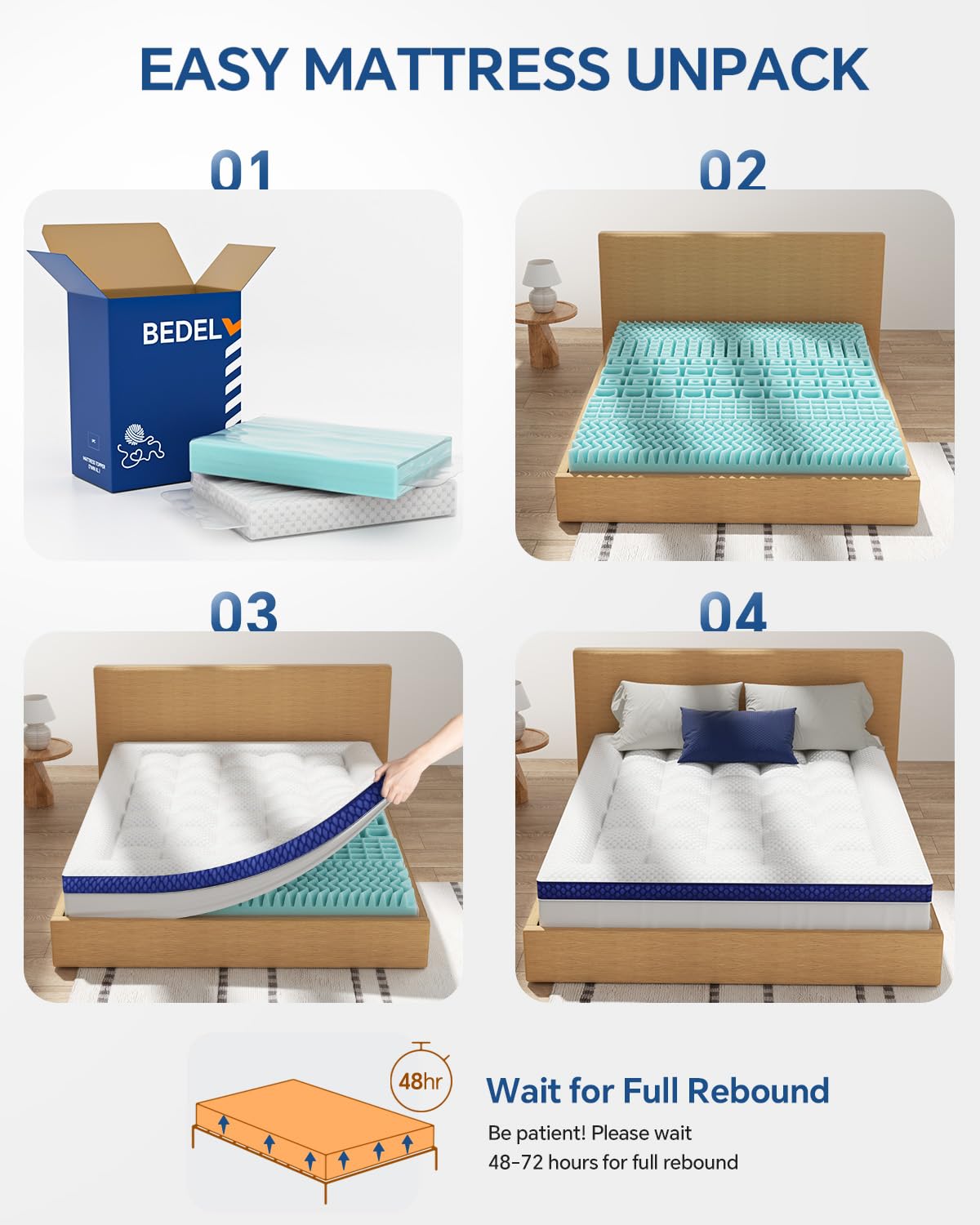 BEDELITE Dual Layer 4 Inch Twin Size Memory Foam Mattress Topper, 2 Inch Soft Pillow Top Mattress Pad Cover and 2 Inch Gel Memory Foam for Pressure Relief, 2-in-1 Design for Comfort & Support