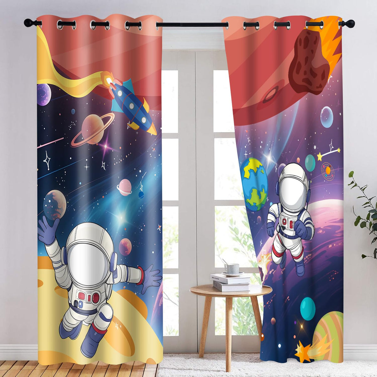 HIYSMT Astronaut Outer Space Curtains for Kids Bedroom,4284inch Universe Planet Cosmic Rocket Meteorite Fall Blackout Curtain,Cartoon Fantasy Starry Sky Drapes for Nursery Child Room 2Panel HI01DX