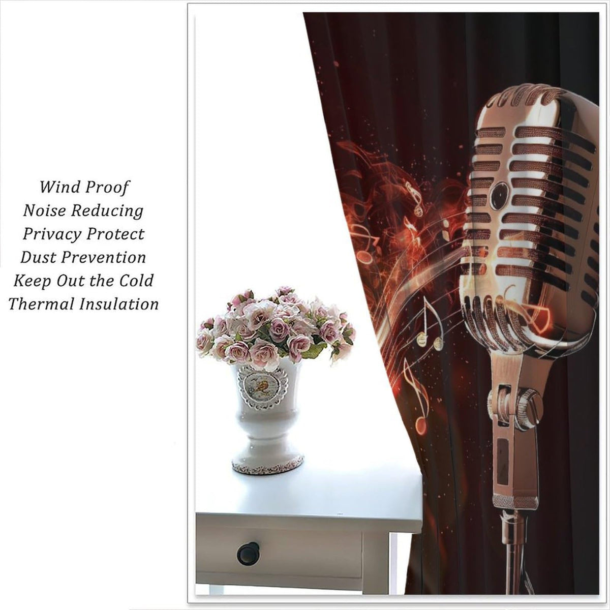 wlsgdsg Music Curtains Retro Cool and Trendy 3D Flame Art Microphone Music Notes Windows Treatments Rod Pocket Drapes for Kids Boys Girls Living Room Bedroom 42x44.5In（No Blackout）