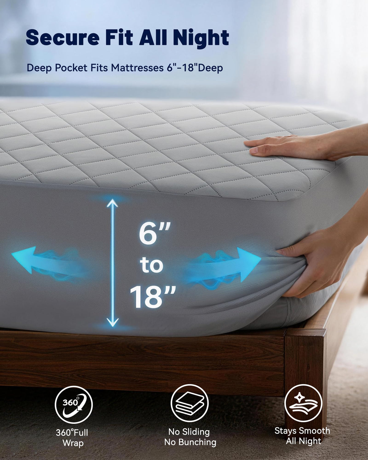 Welfibr Cooling Mattress Pad for Hot Sleepers Noiseless Mattress Protector Bed Cooling Pad 3X Breathable Mattress Topper Q-Max 0.45 Cool Touch, 3D Mesh Deep Pocket Bed Cooling Cover Grey Full
