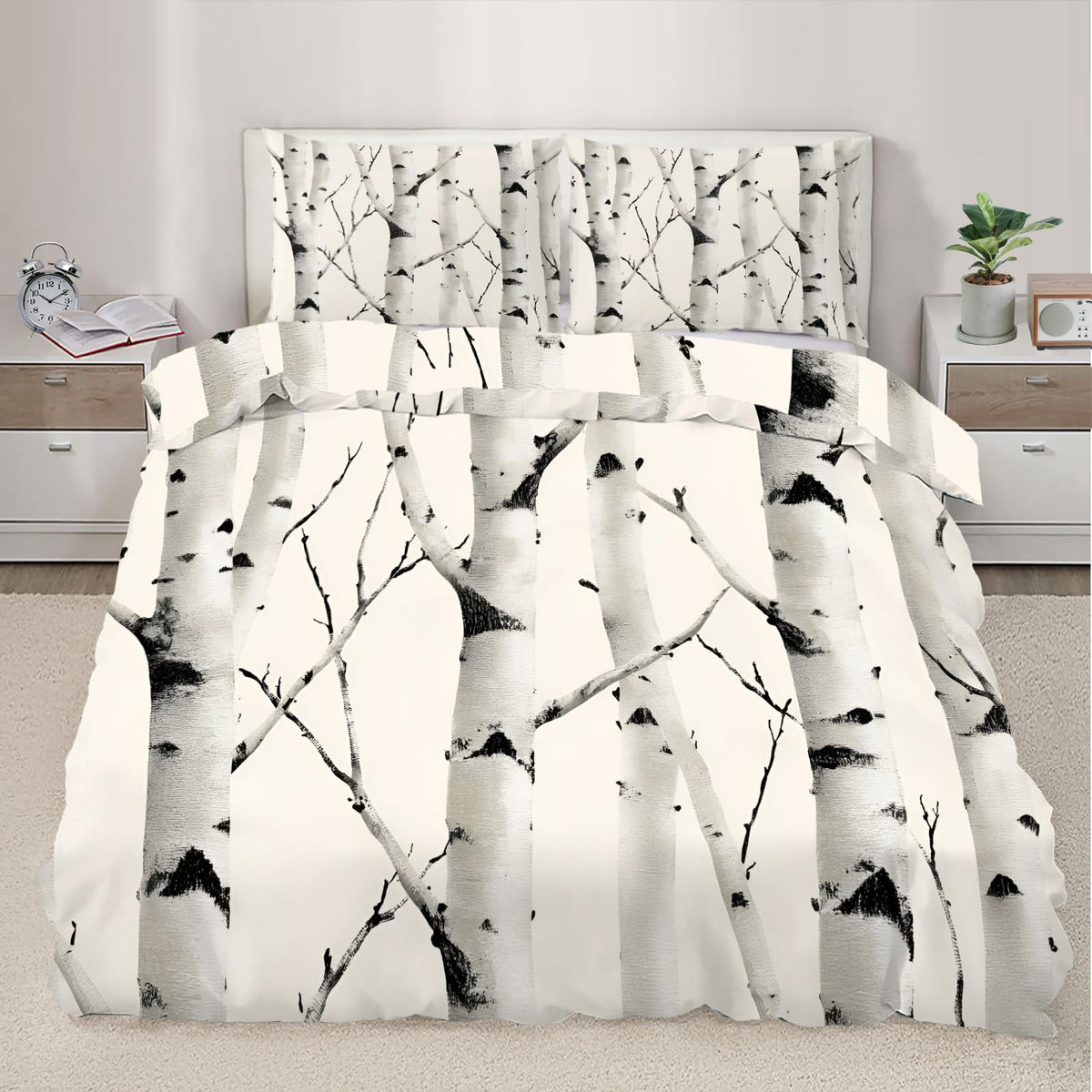 QINYUN Birch Tree Duvet Cover Oversized King Size, Forest Bedding Set 3 Piece, Forest Seasonal Nature Woodland Comforter Cover 120x98 and 2 Pillow Sham with Zipper Closure