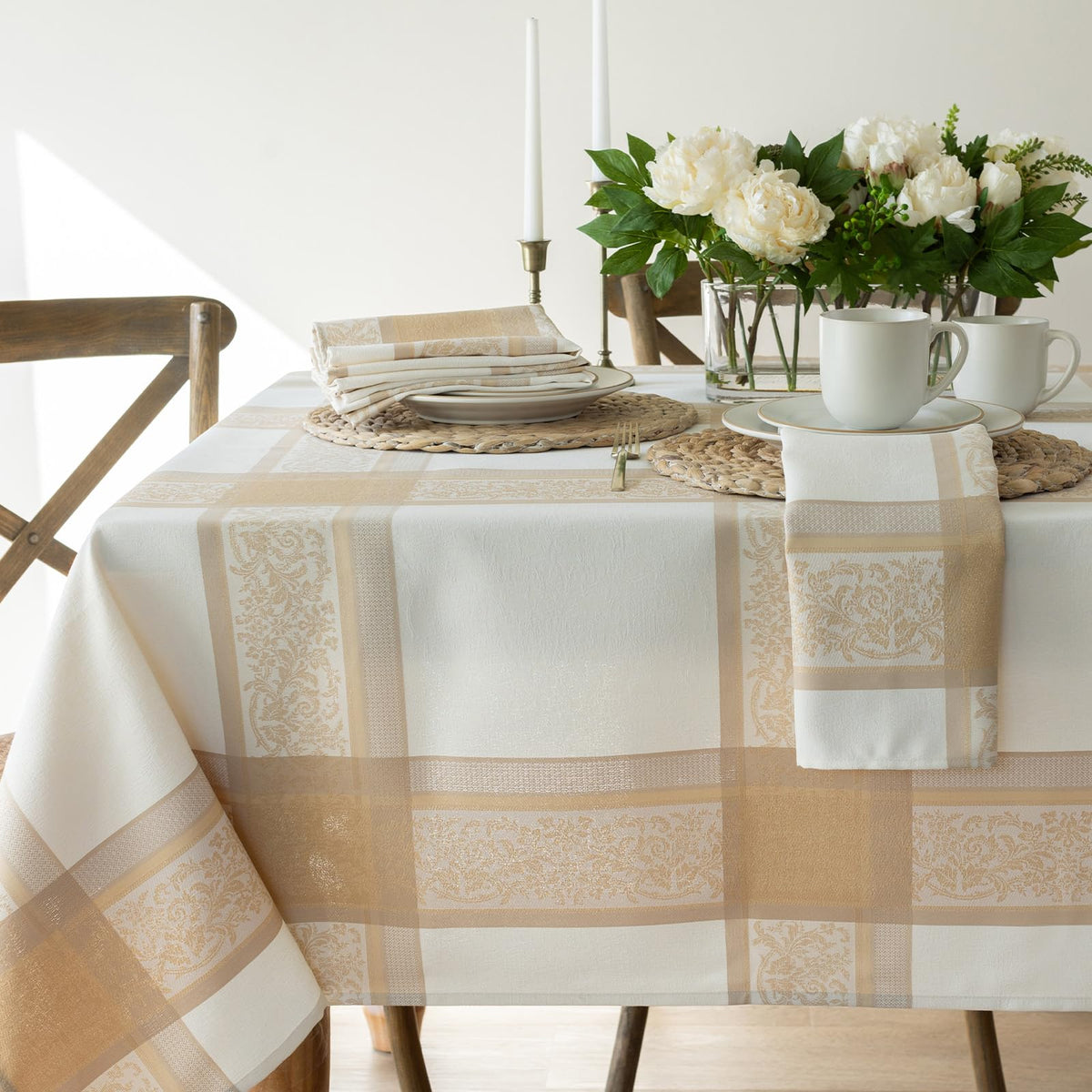 Benson Mills Heavyweight Jacquard Fabric Table Cloth with Gold Metallic Accents, Décor for Everyday, Parties, Holiday, Thanksgiving, and Christmas Tablecloth (Grandeur Glow, 60" x 104" Rectangular)