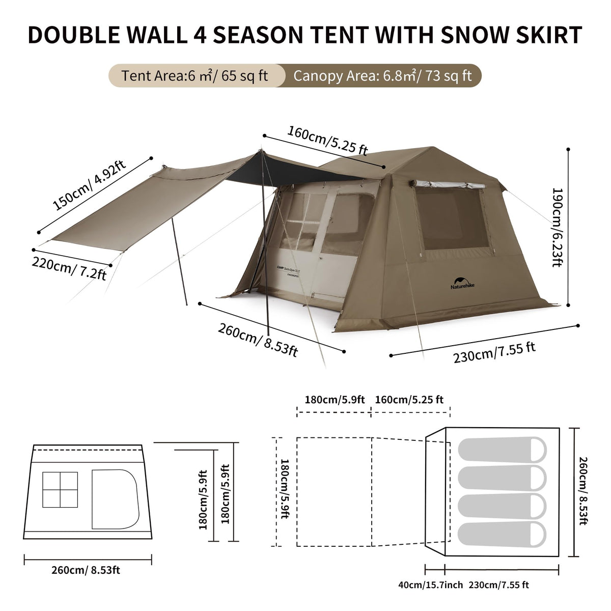Naturehike Village Instant Tent, 4 Person 8 Person Camping Tent with Full Rainfly, Waterproof Large Cabin Tents for Car Camping