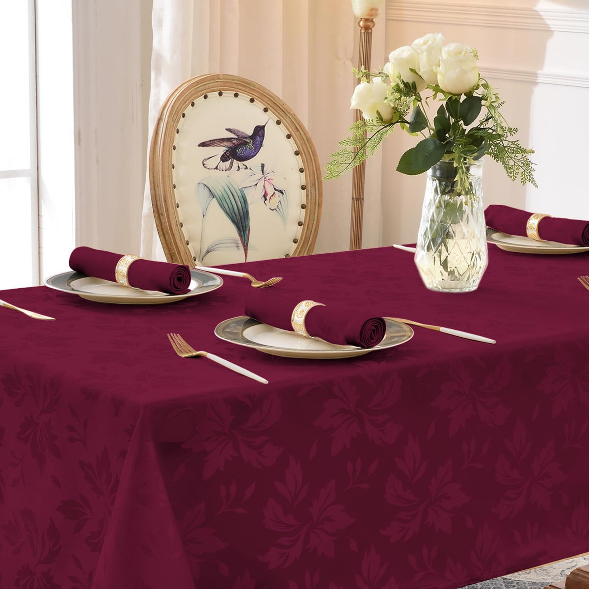 Romanstile Jacquard Rectangle Tablecloth, Elegant Waterproof Damask Floral Pattern Table Cloths Heavy Weight Decorative Table Covers for Dinner/Parties/Holiday - 60 x 102 Inch, Burgundy