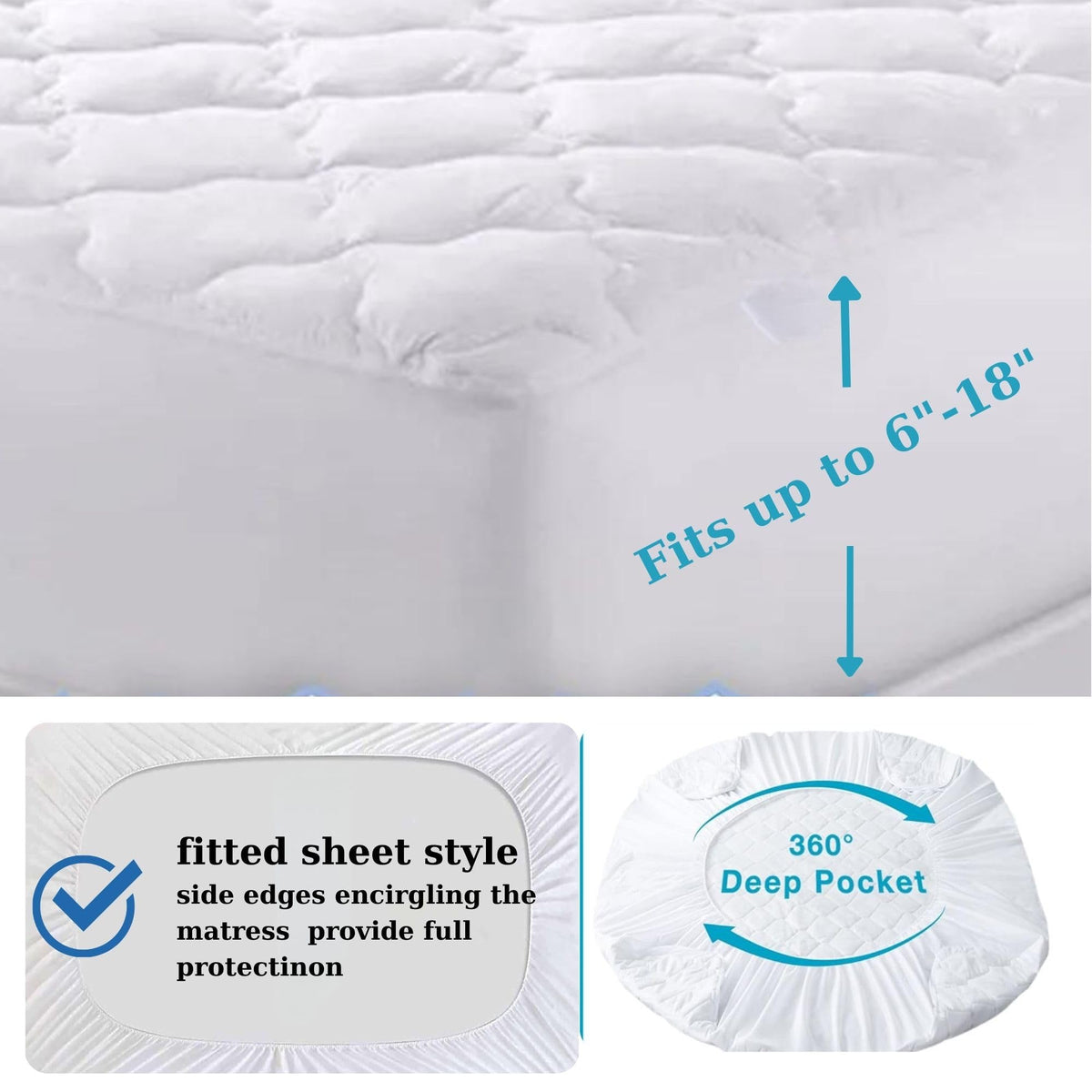 Queen Mattress Protector Deep Pockets -up to 18" deep- Quilted Fitted- Waterproof-Breathable-Noiseless-60 X78 inc Mattress Pad, Elastic Fitted Cotton Bed Mattress Cover,-White- (Queen)