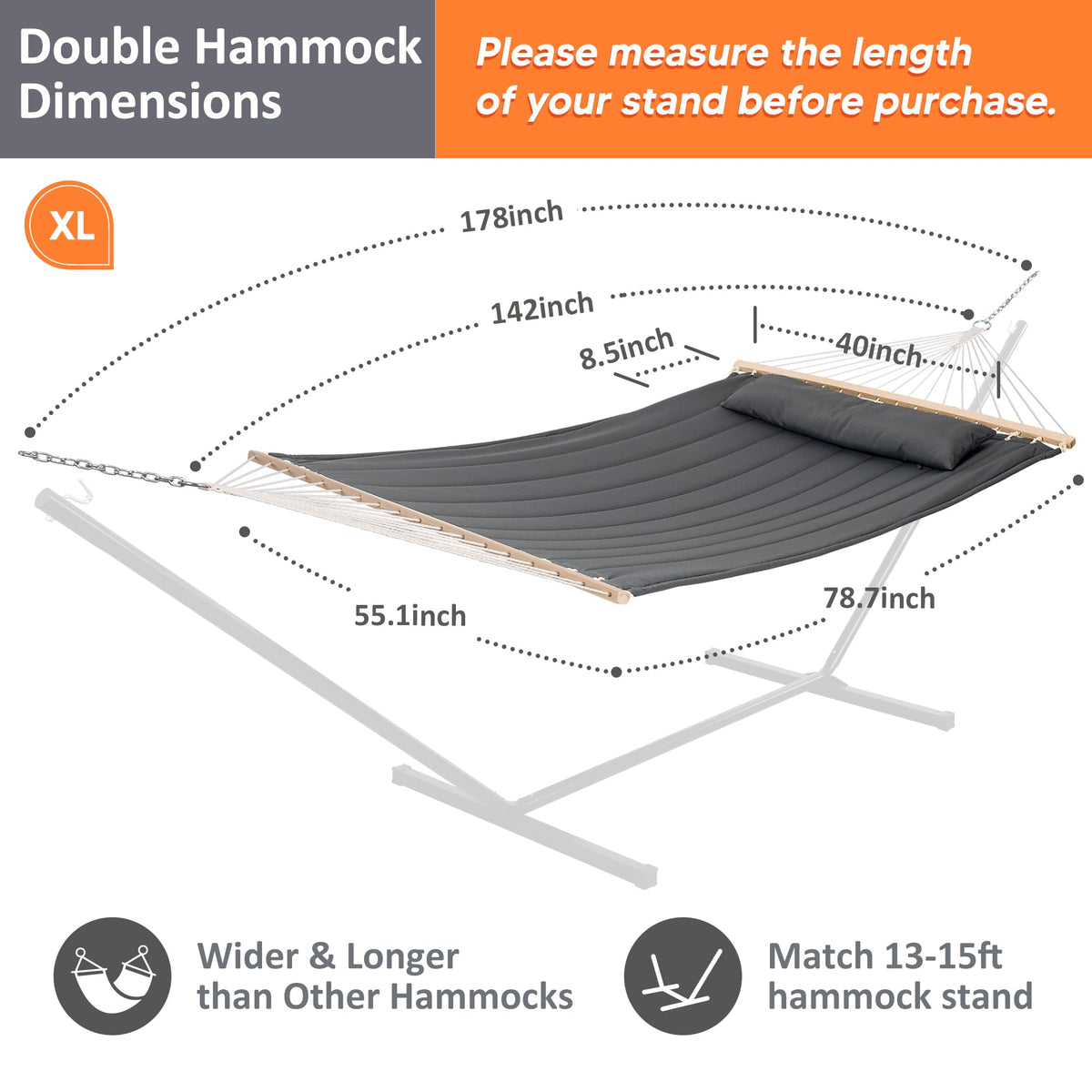 SUNCREAT Heavy Duty Hanging Tree Hammock, 475 lbs Capacity, Two Person Hammock with Large Soft Pillow, Tree Hooks, Gray