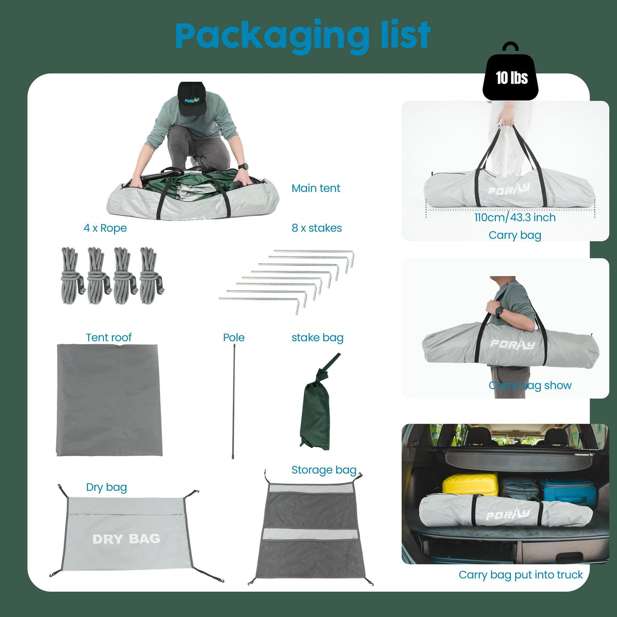 Porayhut Portable Camping Shower Tent Deluxe Changing Room Easy Set Up Privacy Shelter,Large Toilet Tent 2 Rooms with Floor Drain Design for Beach, Camping,Hiking with Stakes and Ropes for Stability