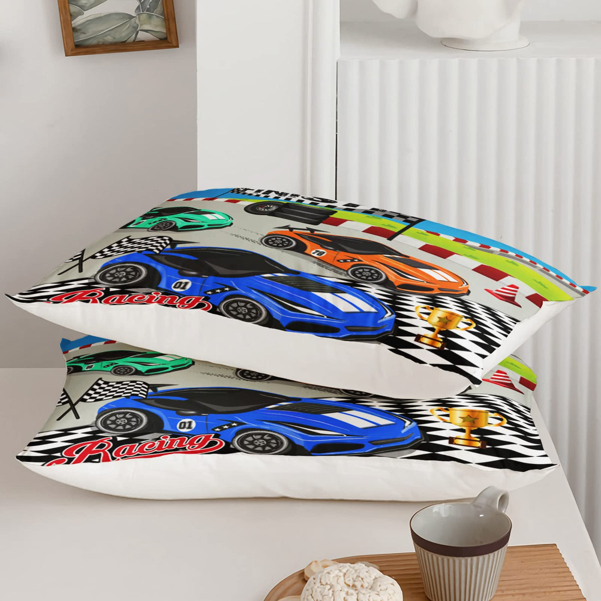 Axolotl Racing Car Bedding Set Twin,Cool Speed Race Car Down Comforter for Kids Boys Girls Teens,Car Theme Quilt with Three Cars Arrive at Finish,1 Comforter and 2 Pillowcases