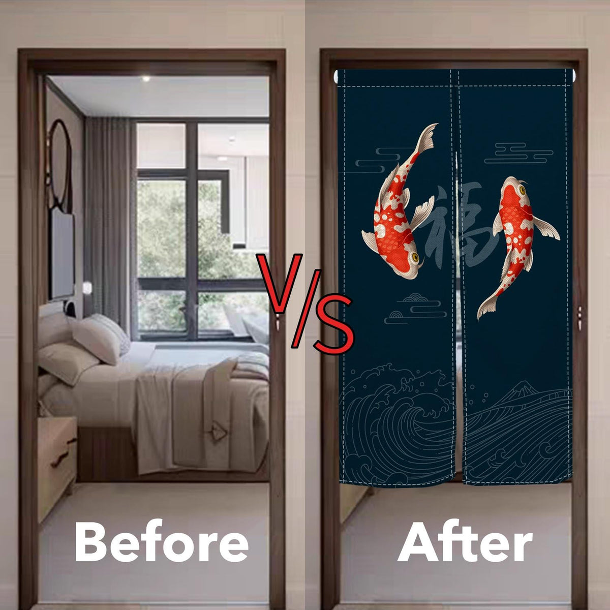 Leowefowa Chinese Koi Fish Doorway Curtain Traditional Fu Carps Printing Window Treatment Feng Shui Japanese Noren Curtain Door Tapestry for Room Privacy Partition Kitchen Home Decor, 33.5"x 70.9"