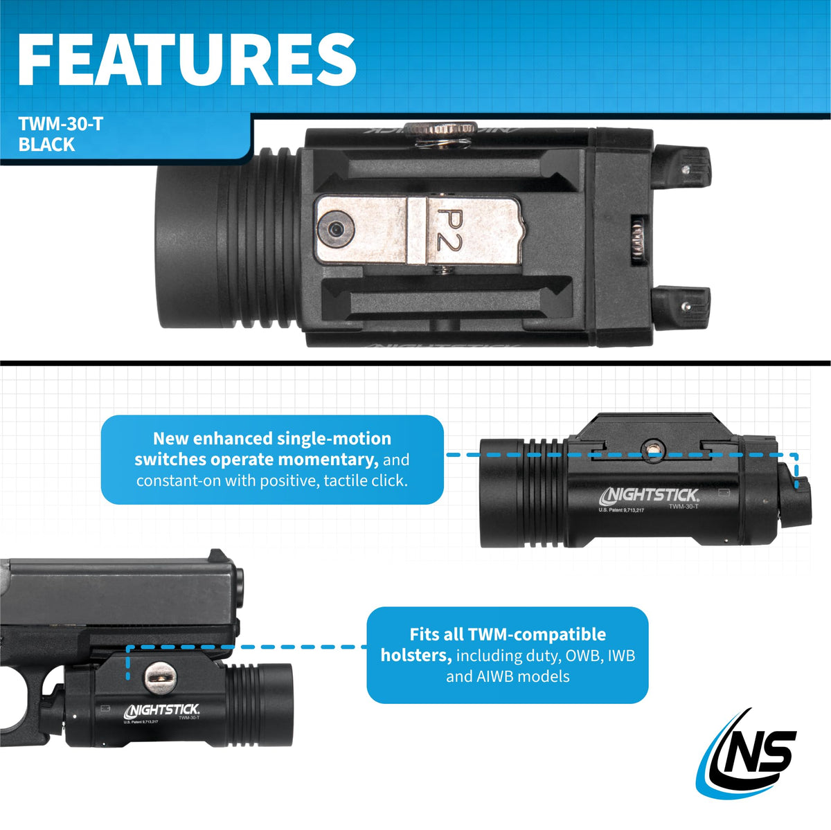 Nightstick TWM-30-T Full Size Turbo High Candela Handgun Light - 2 CR123 - Black