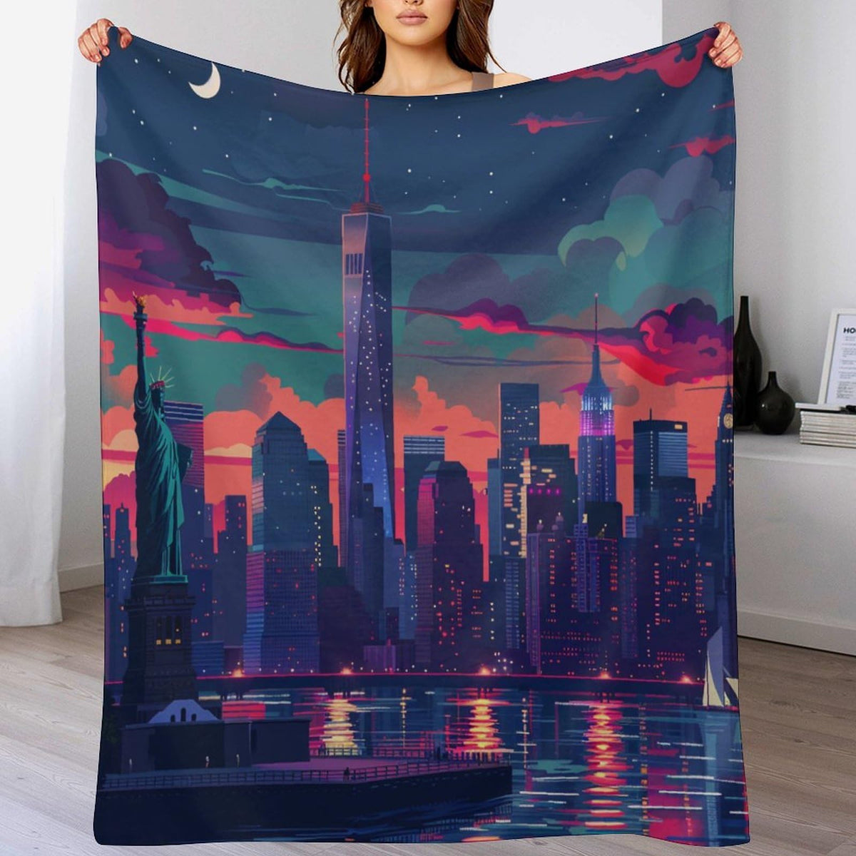 HDESDIS Abstract Cityscape Throw Blanket for Couch Bed, Soft Cozy Statue of Liberty Architecture Sofa Decor Blankets for Women, Men, 30"x40"