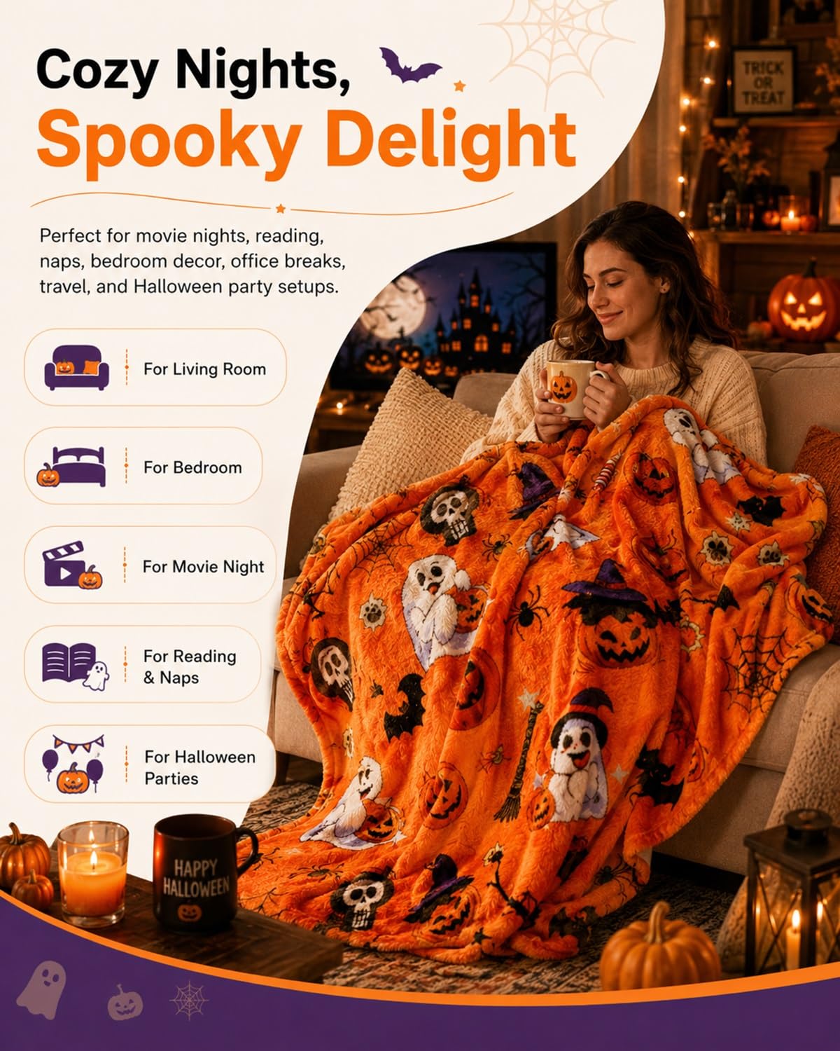 Halloween Throw Blanket Couch Cozy Flannel Decoration for Party Bed Soft Flannel Ghost Blanket Halloween Harvest Gifts Horror Ghost Bat Pumpkin(Model3,60x80in)