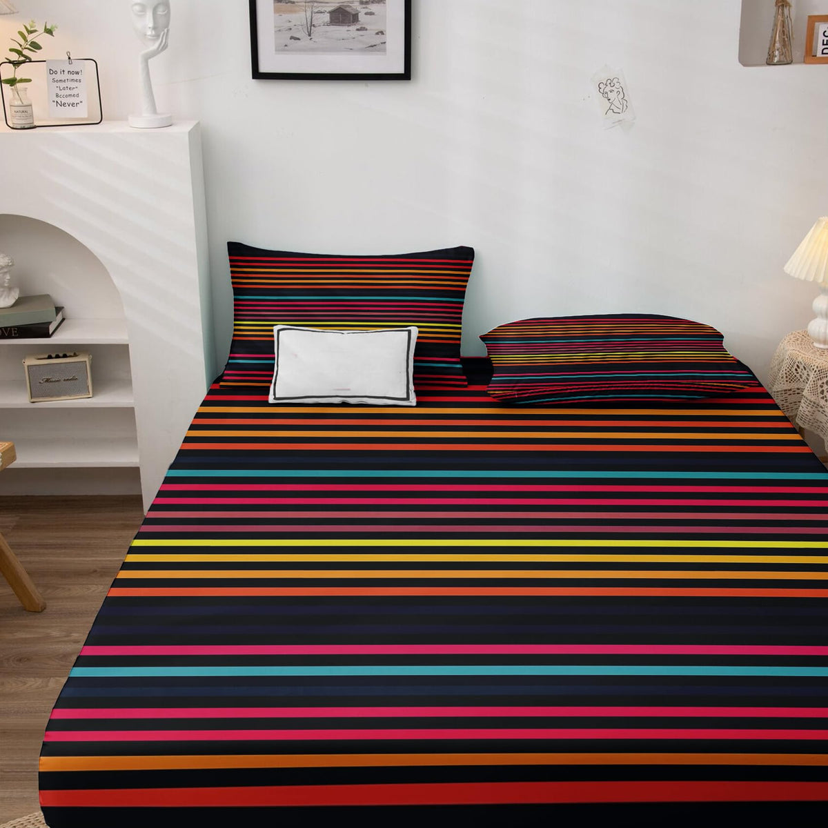 Striped Sheets California King Size, Colorful Bed Sheets, Patterned Bedding Sheets & Pillowcases 4 Piece Set - Soft Microfiber Deep Pocket Fitted Sheet & Flat Sheet & 2 Pillow Cases M&-A267
