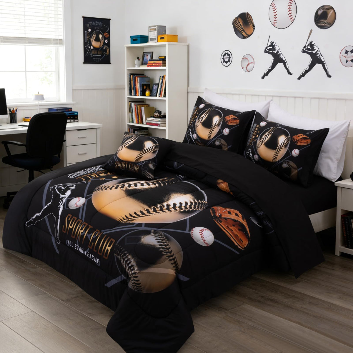 A Nice Night Baseball Printed Comforter Sets,with ‌Baseball Glove Player‌ Printing Twin 6Pcs Bedding Set in a Bag for Teen Boys