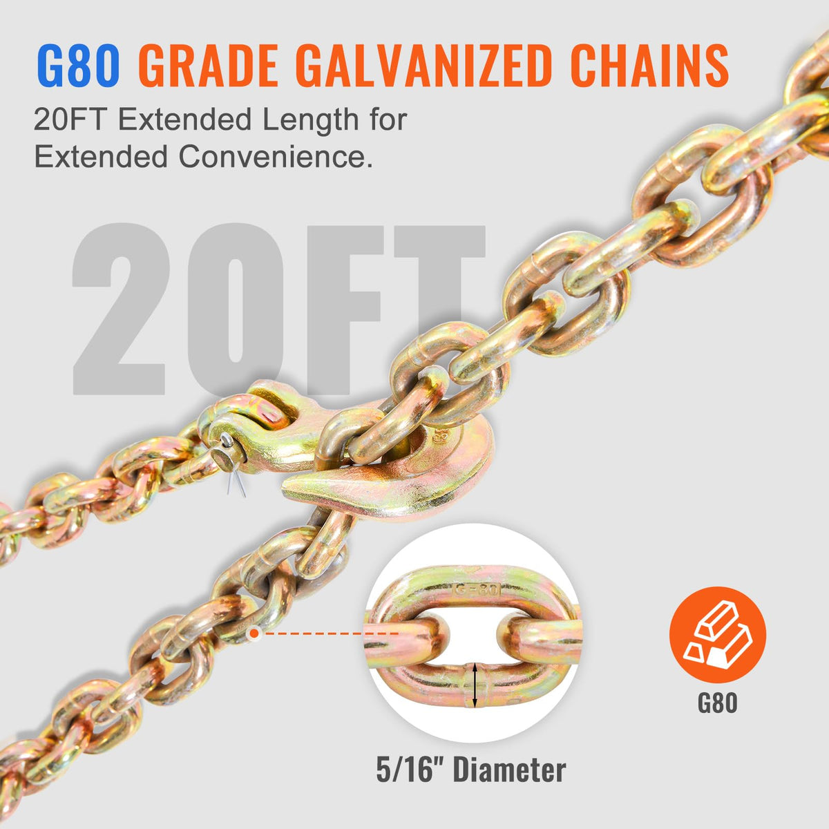 VEVOR 3/8"-1/2" Ratchet Chain Binder with Chain, G80 12000 lbs Secure Limit, Heavy Duty Load, Labor-Saving Anti-Skid Handle, Tie Down Hauling Chain Binders for Flatbed Truck Trailer, 2 Set & Yellow
