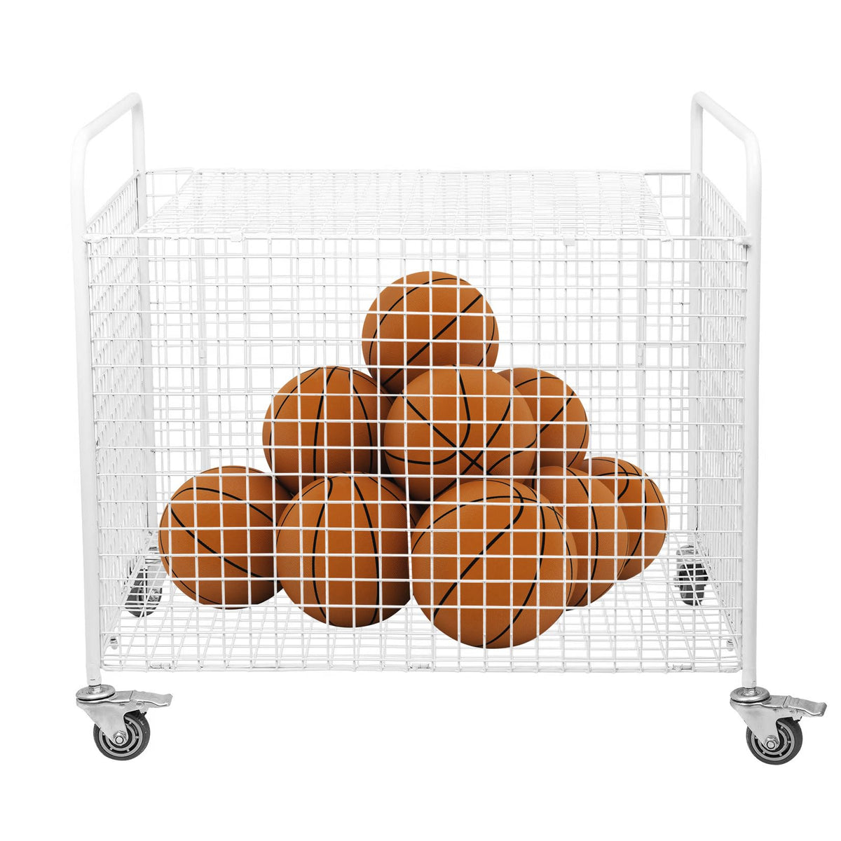 ExoLiry Metal Basketball Rolling Cart Sports Equipment Storage Wheel Basket White Athletic Portable Lockable Cage Raised Handle Gym Home Garage School Court Field Football Soccer Ball Volleyball Bat