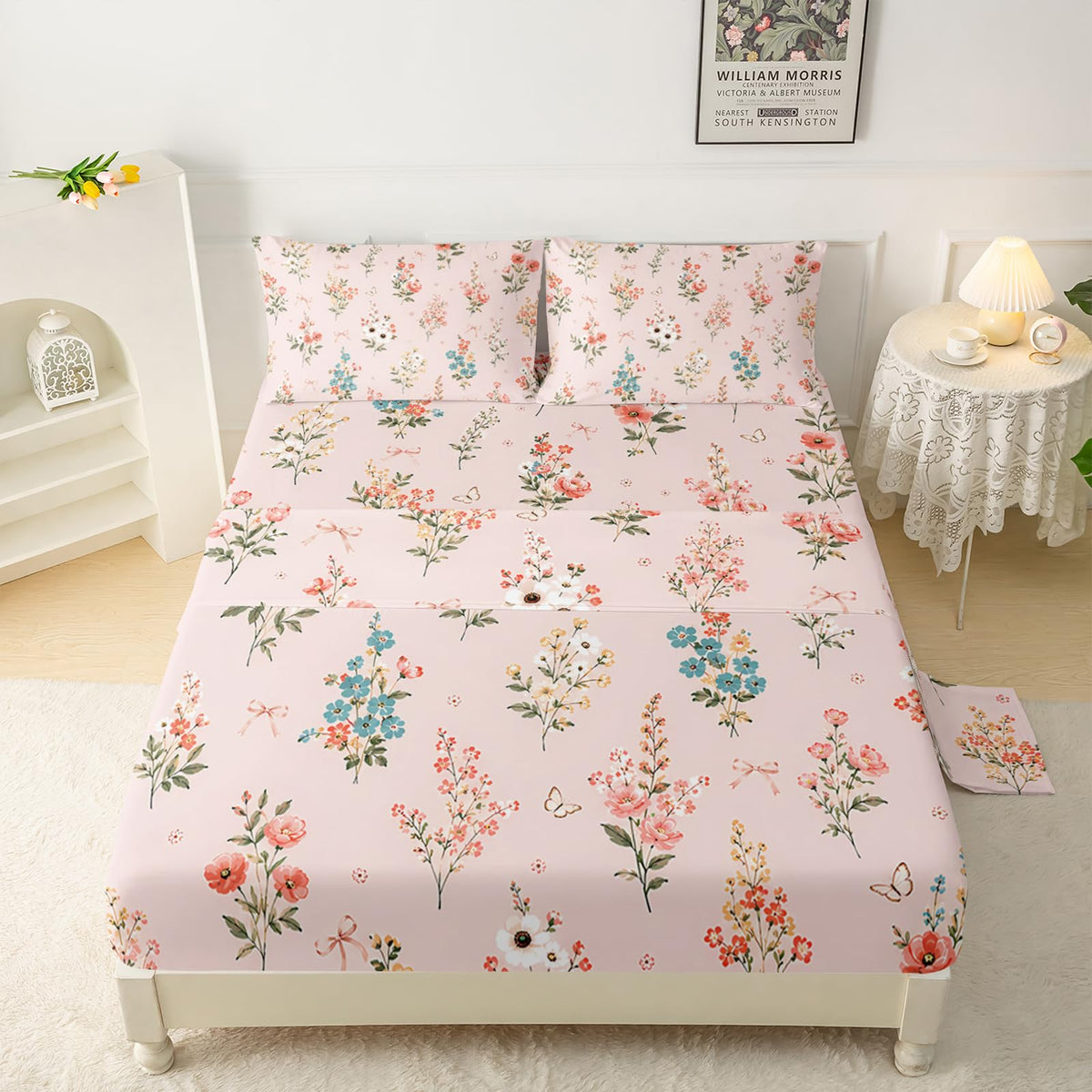 QOOMO Floral Sheet Set,Pink Floral Kids Bed Sheets,Pink Flower Printed 16" Deep Pocket Bed Sheet Set for Girls/Kids/Teens，4 Piece Sheet Set, 1 Fitted Sheet,1 Flat Sheet and 2 Pillowcases，Twin Size