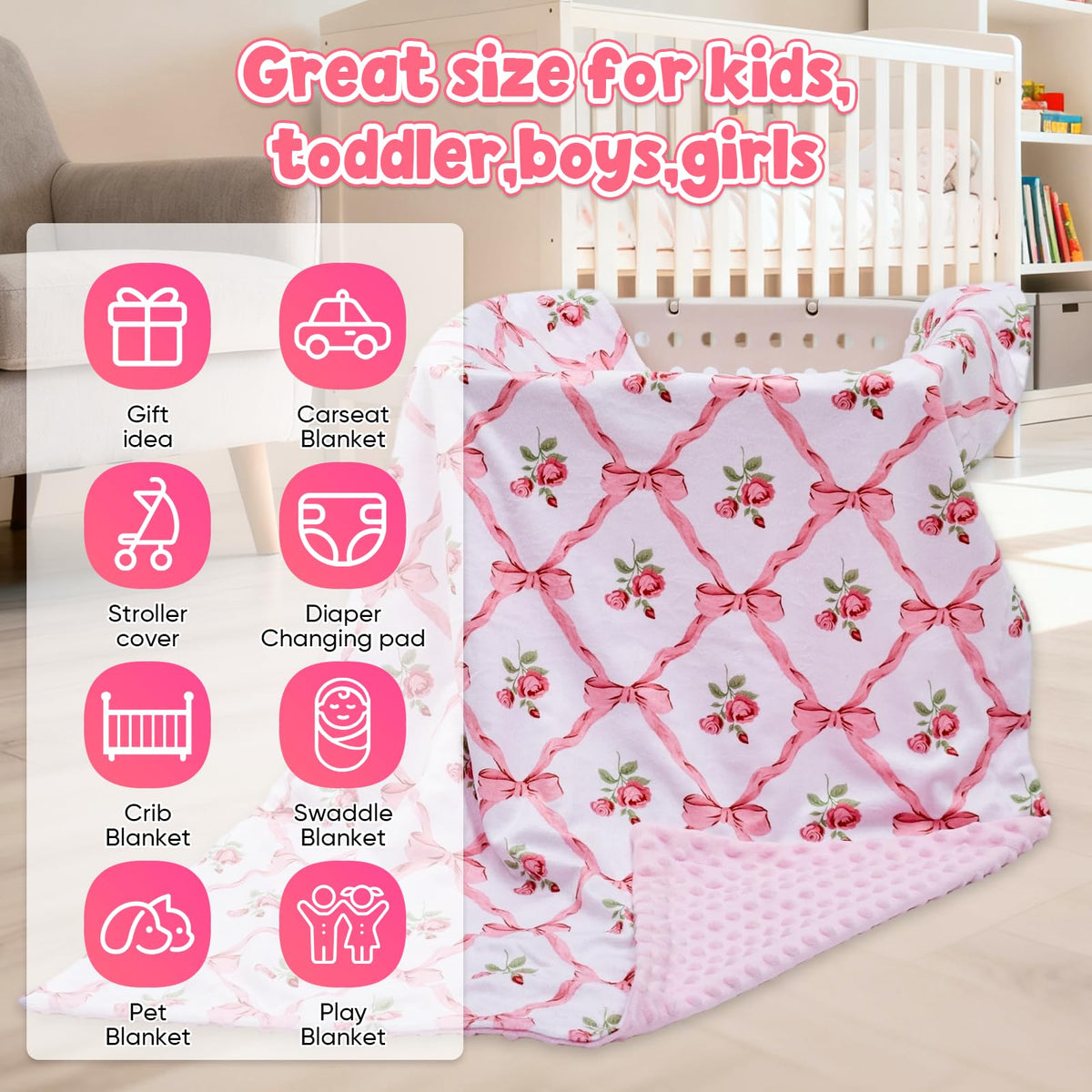 Baby Blanket for Boys Girls Super Soft Double Layer Minky with Dotted Backing Cute Cow Crib Receiving Blanket Bed Throws for Newborns Nursery Stroller Toddler 30 x 40 Inch (Pink Bow Rose)