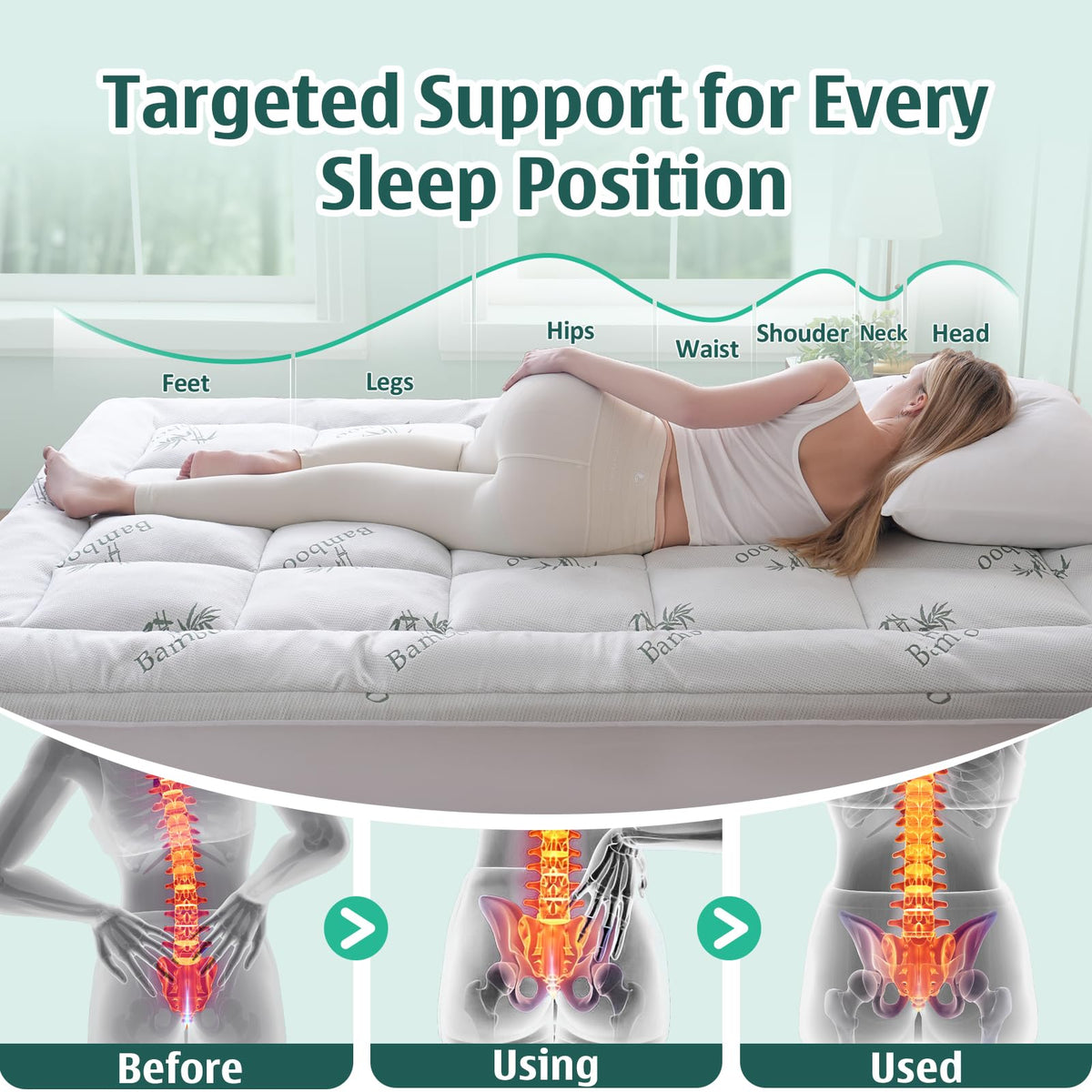 DOWNCOOL Memory Foam Mattress Topper Queen, Pillow Top Mattress Pad for Back Pain Relief, Viscose Derived from Bamboo, Deep Pocket Fits 8–21 Inch
