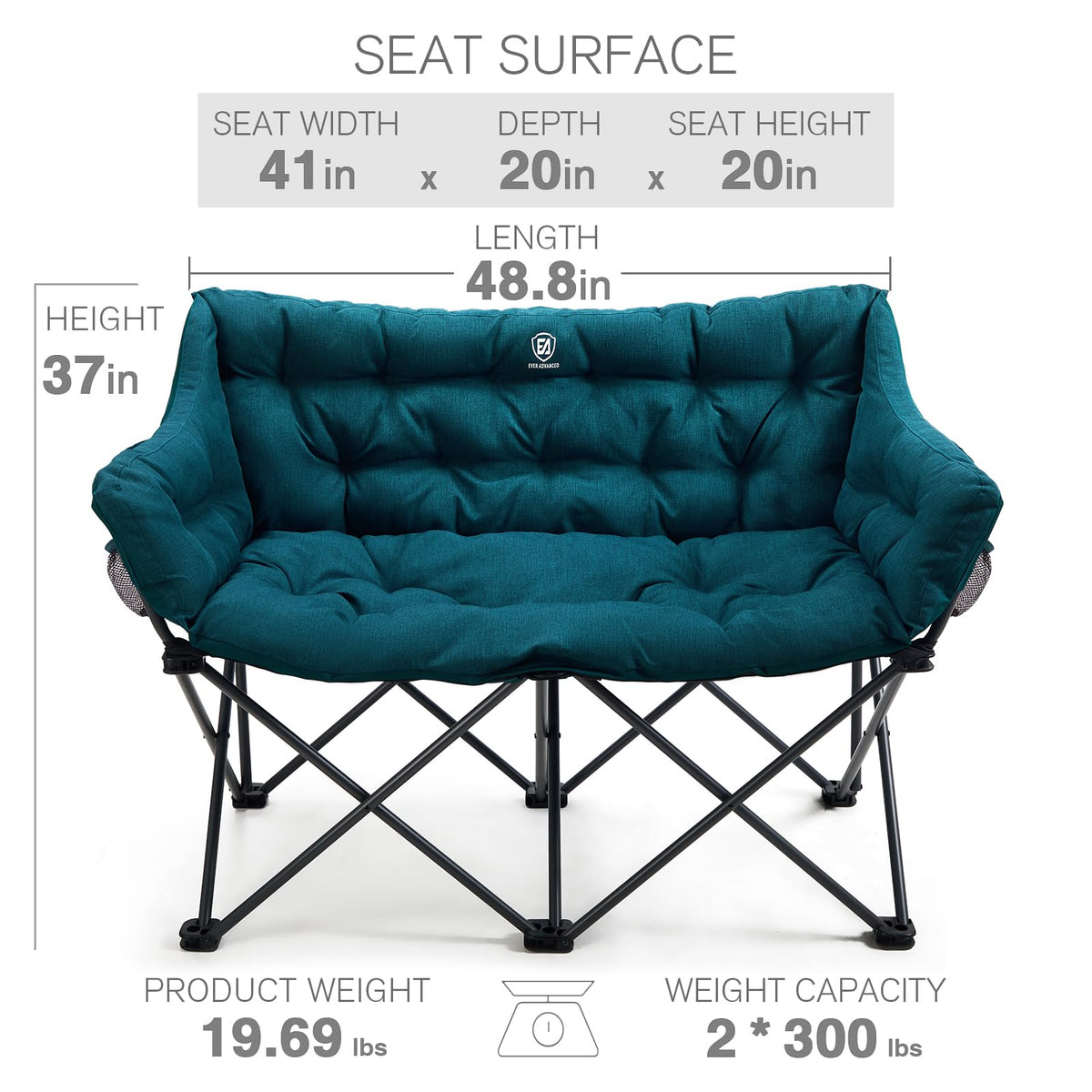 EVER ADVANCED Double Camping Chair for Adults, Padded Folding Camping Love Seat with Side Pocket Portable Camping Couch, Two Person Heavy Duty Folding Outdoor Chair with Cushion,Support 600lbs,Green