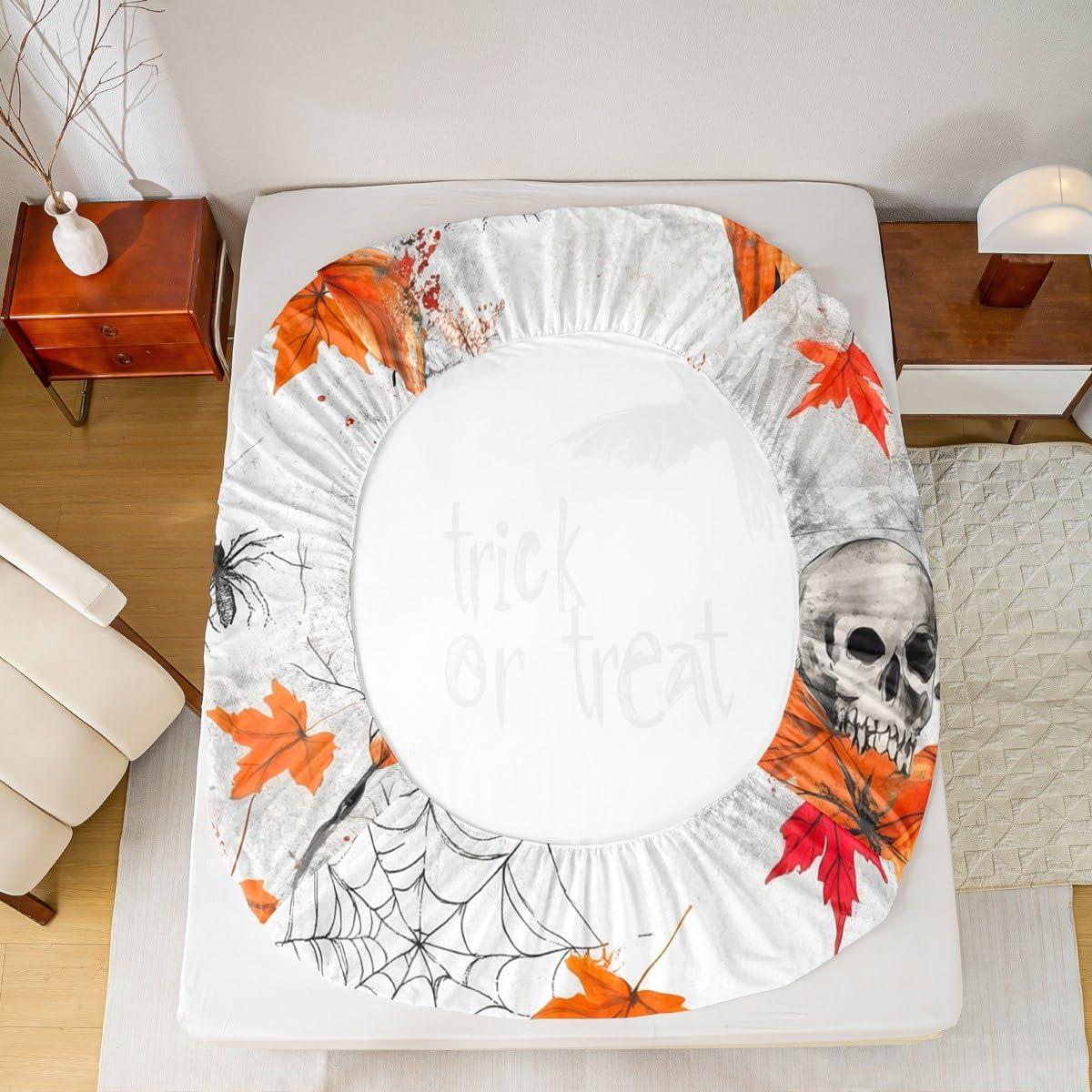 Feelyou Kids Halloween Bed Sheet Set Full Size, Pumpkin Fitted Sheet Boys Girls Trick or Treat Bedding Set Spider Web Teens Bedroom Decor (2 Pillow Cases and a Fitted Sheet)