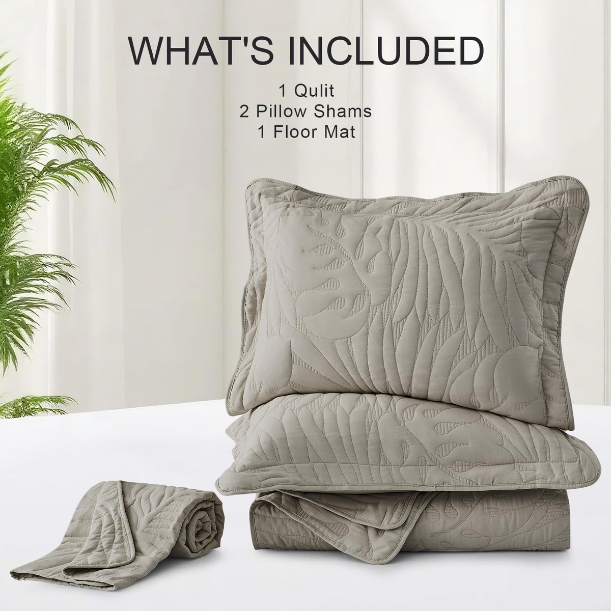 DaisyHuang Quilt Set King Size -Leaves Pattern Stitching Quilt Set - Elegant & Fresh Style Bedding Coverlets, Ultrasonic Quilting, Reversible, Lightweight, 4 Piece, Taupe