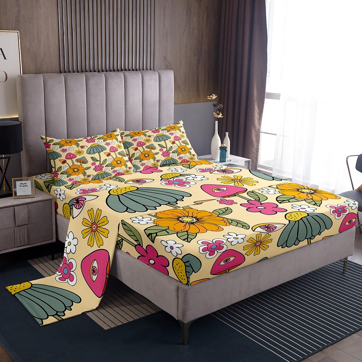 70s Retro Floral Bed Sheet Set Twin Size,Hippie Flowers Leaves Bedding Decor Set with 1 Flat & 1 Fitted Sheet Cartoon Eyes Mushroom with 1 Pillow Sham for Kids Boys Bedroom Decor