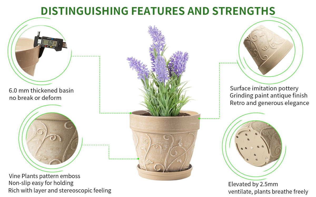 Melphoe Plant Pots Indoor with Drainage & Saucer, 2Pack 7 inch Flower Pots Outdoor Planters for Indoor Plants Garden Home Decor Cactus Succulent, Rigid Plastic (Imitation-Terracotta) Vine-Embossed